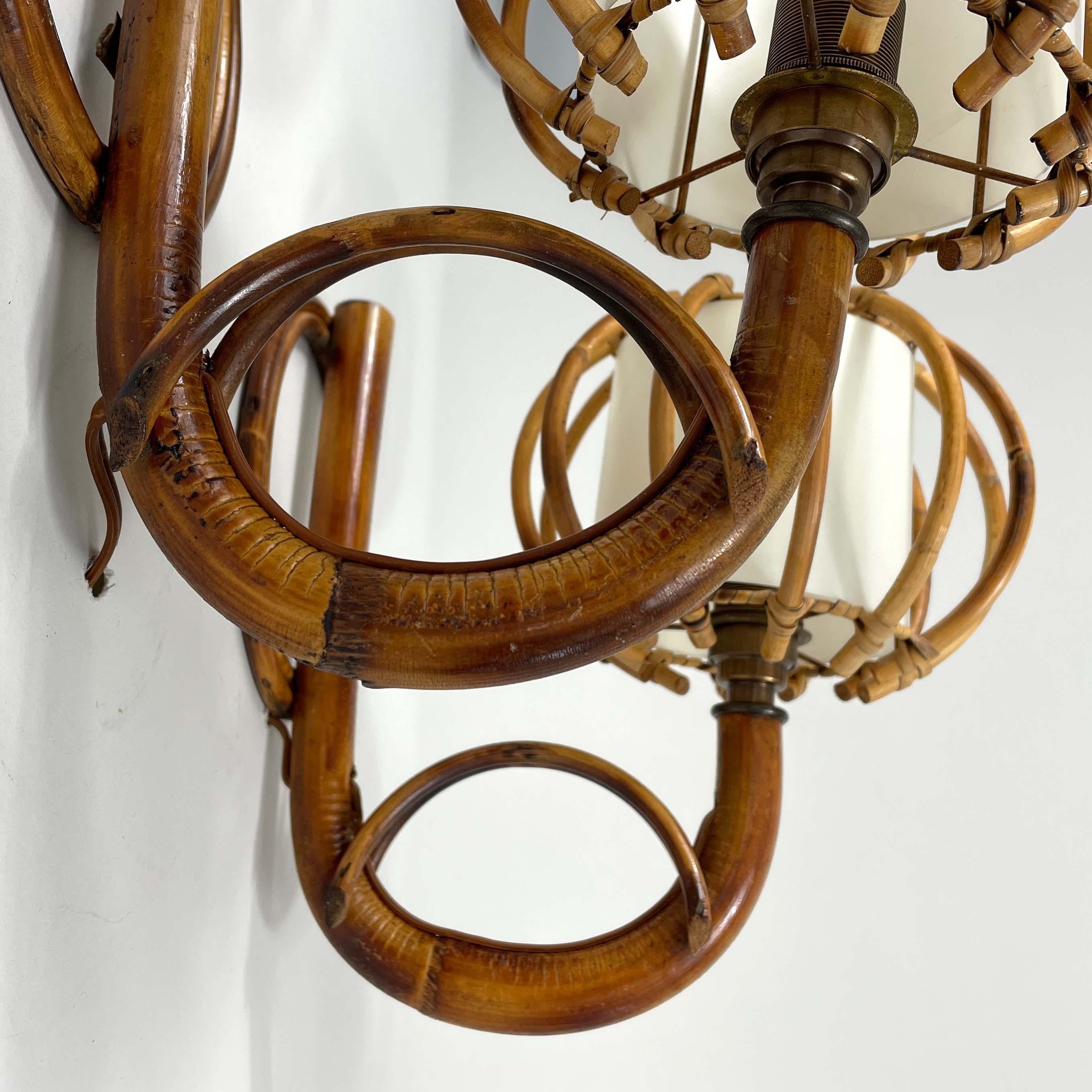 Mid-20th Century Louis SOGNOT Pair Rattan & Bamboo Sconces, France 1950s For Sale
