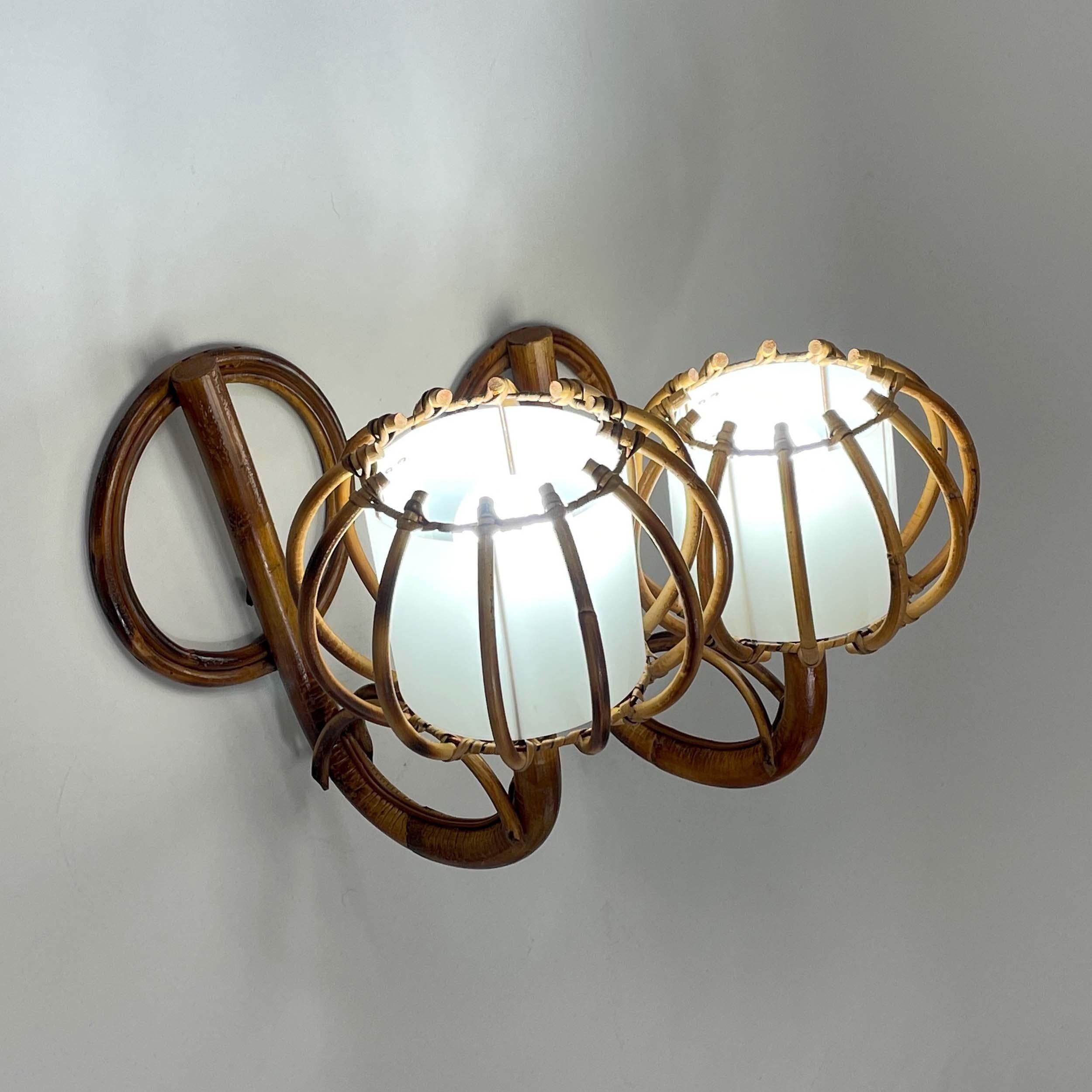 Louis SOGNOT Pair Rattan & Bamboo Sconces, France 1950s For Sale 1