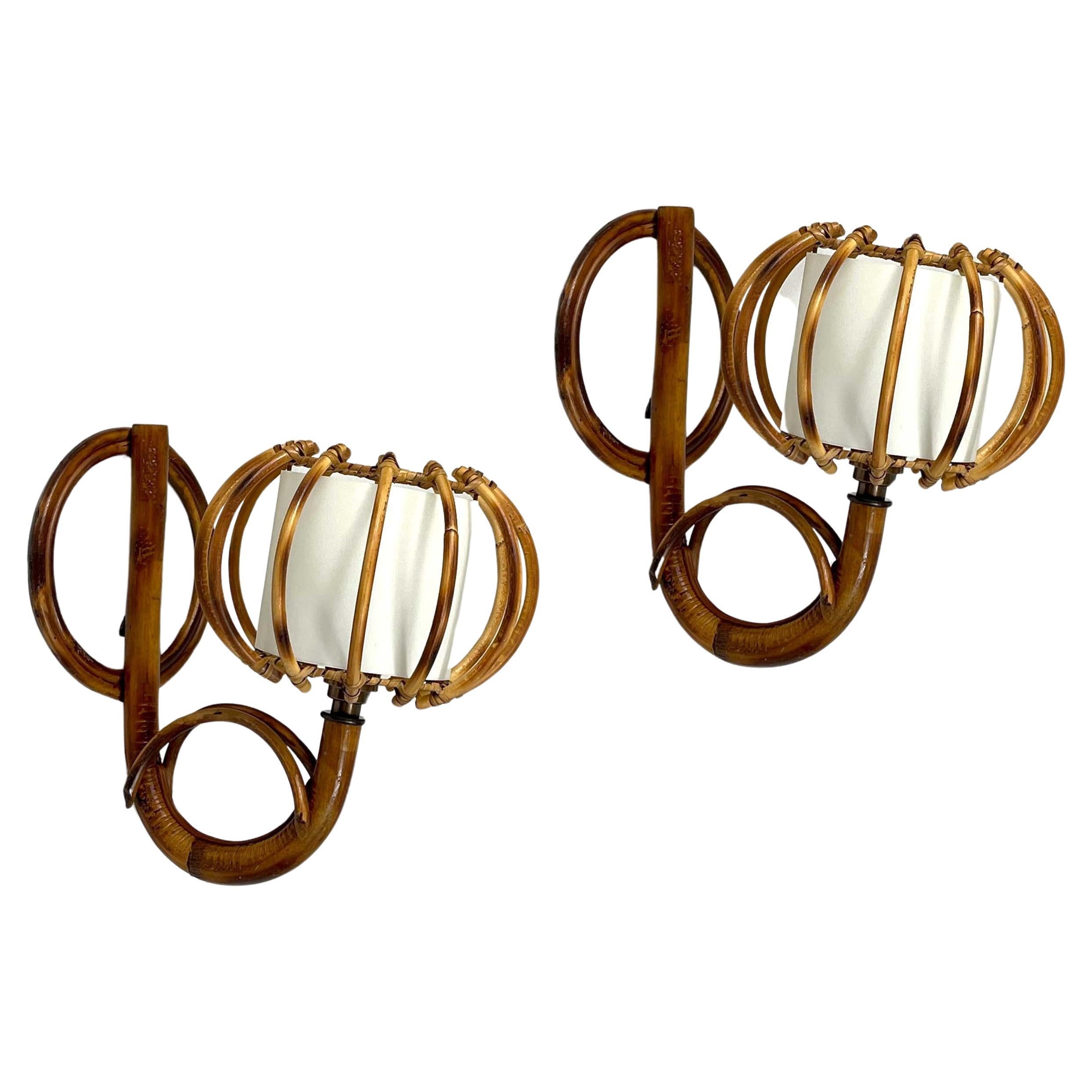 Louis SOGNOT Pair Rattan & Bamboo Sconces, France 1950s For Sale