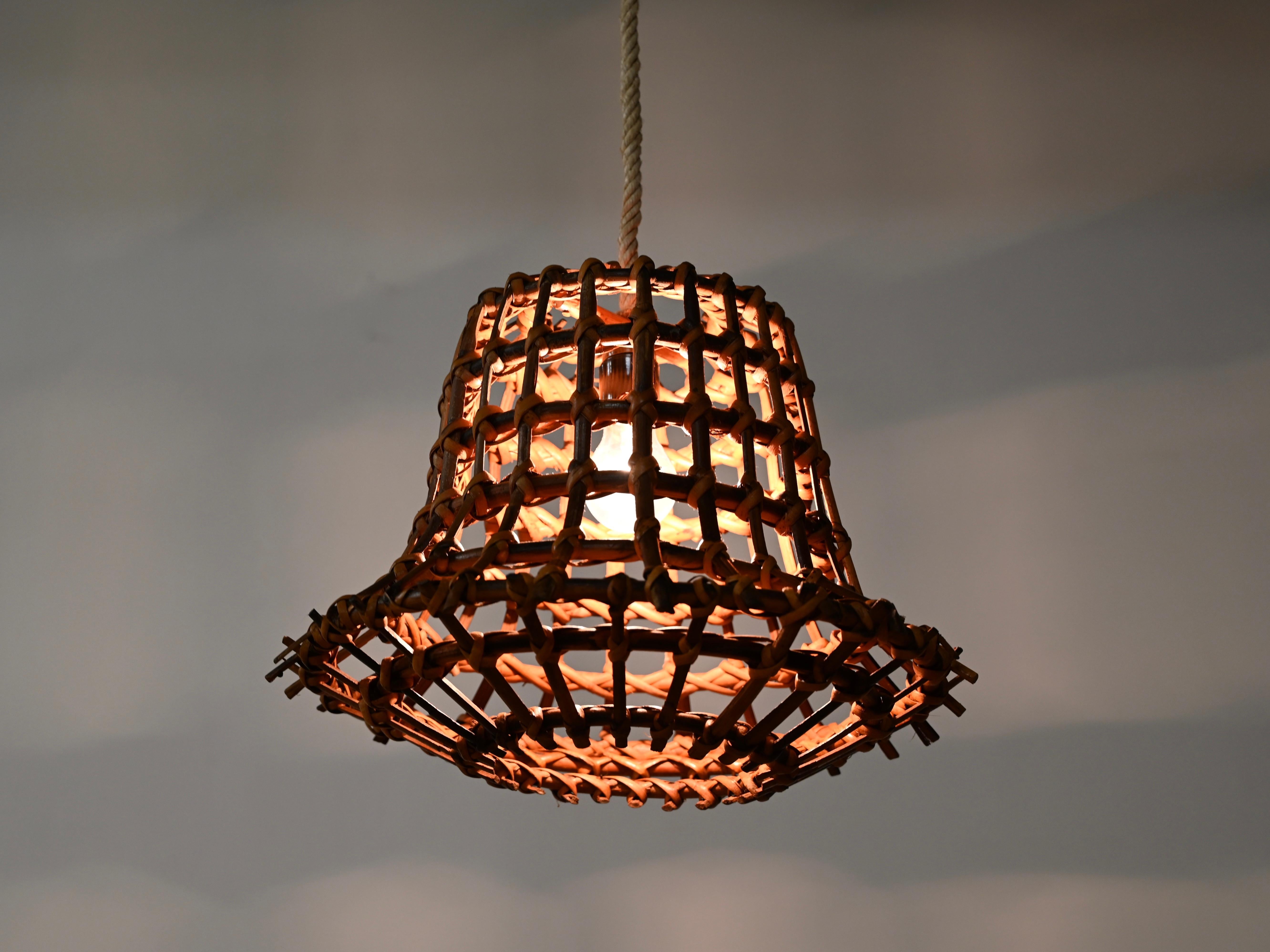 Louis Sognot Pendant Chandelier in Rattan, Wicker and Rope, France 1960s For Sale 2