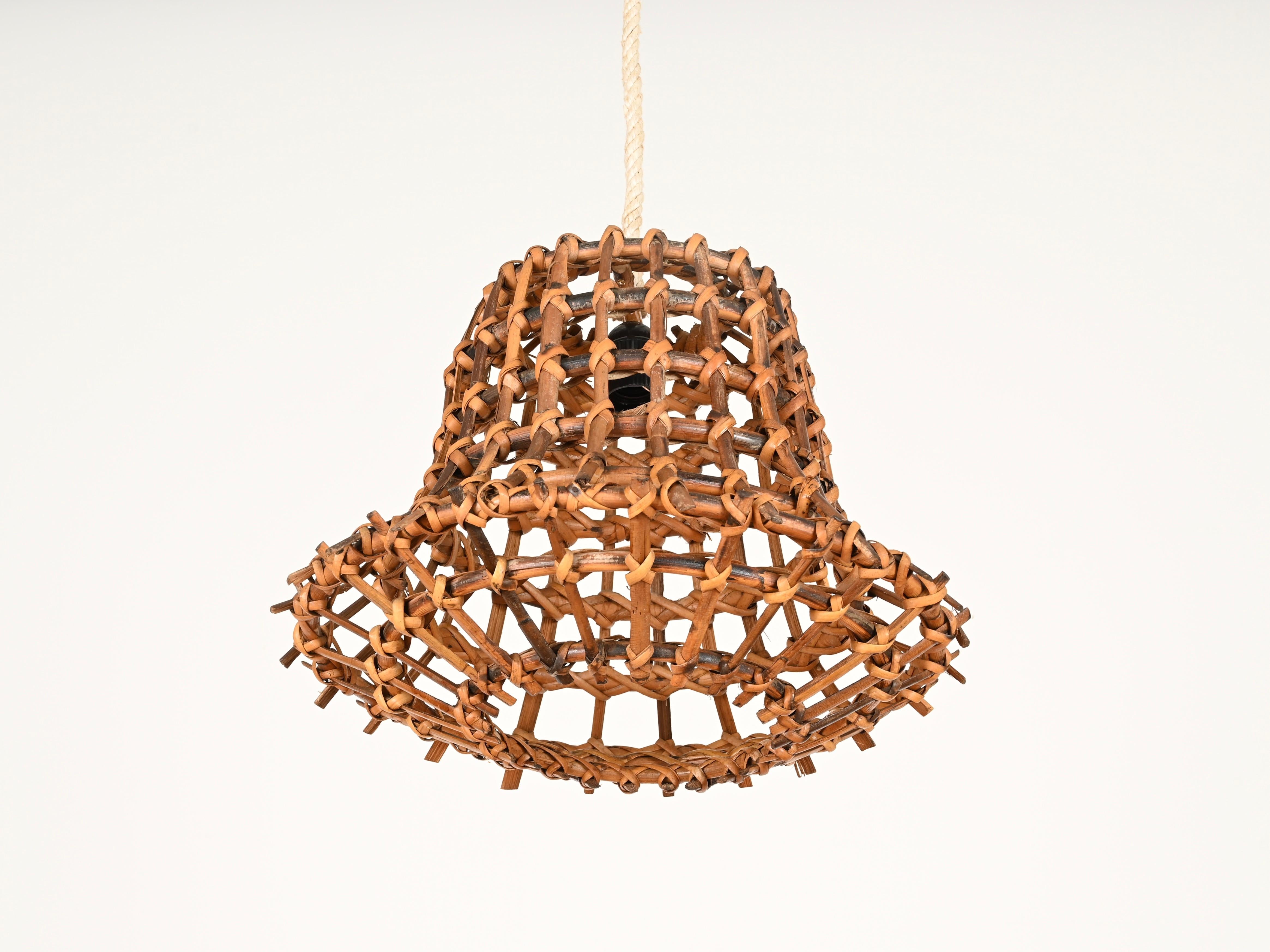 Mid-Century Modern Louis Sognot Pendant Chandelier in Rattan, Wicker and Rope, France 1960s For Sale