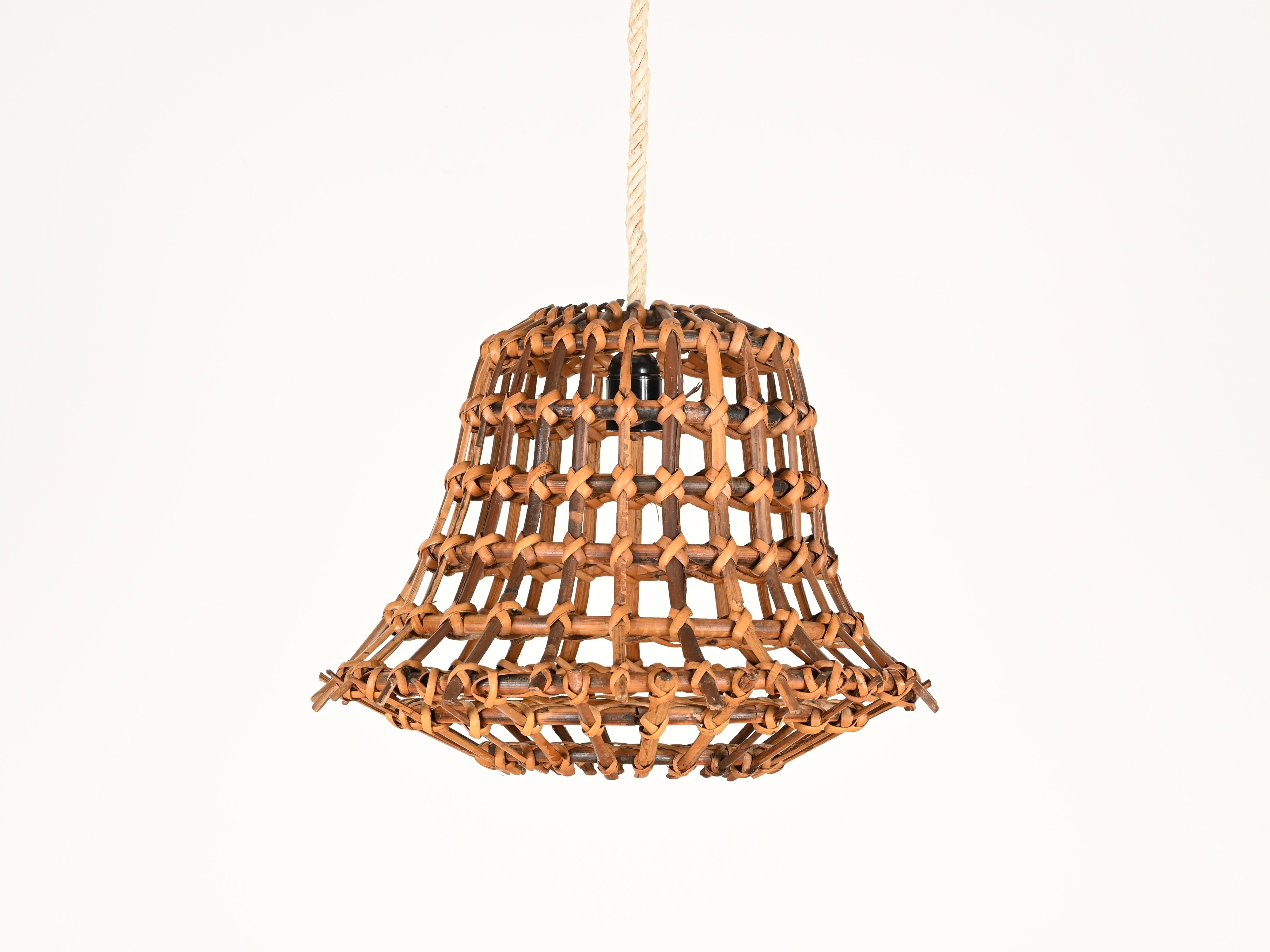 French Louis Sognot Pendant Chandelier in Rattan, Wicker and Rope, France 1960s For Sale