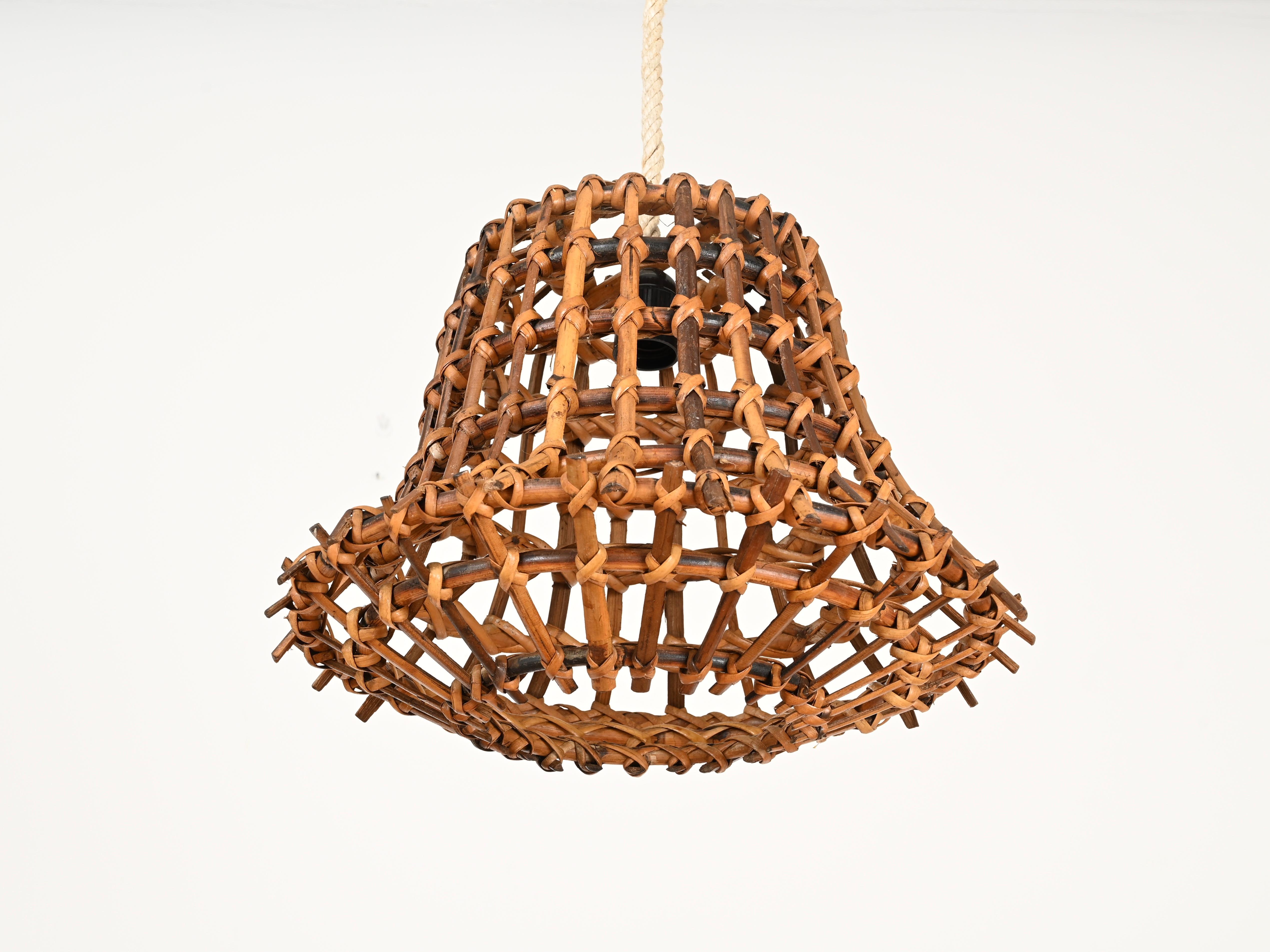Mid-20th Century Louis Sognot Pendant Chandelier in Rattan, Wicker and Rope, France 1960s For Sale