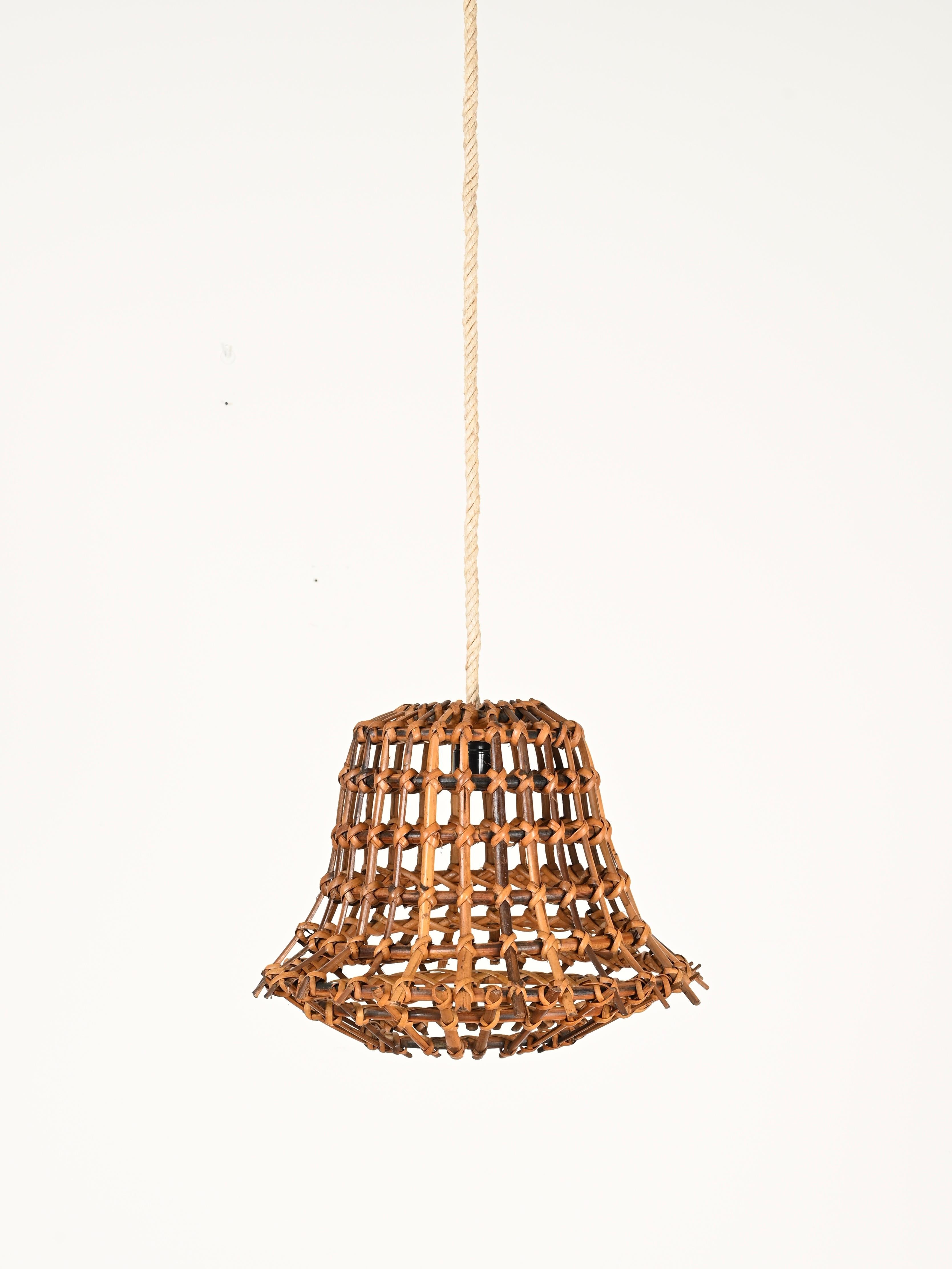 Bamboo Louis Sognot Pendant Chandelier in Rattan, Wicker and Rope, France 1960s For Sale