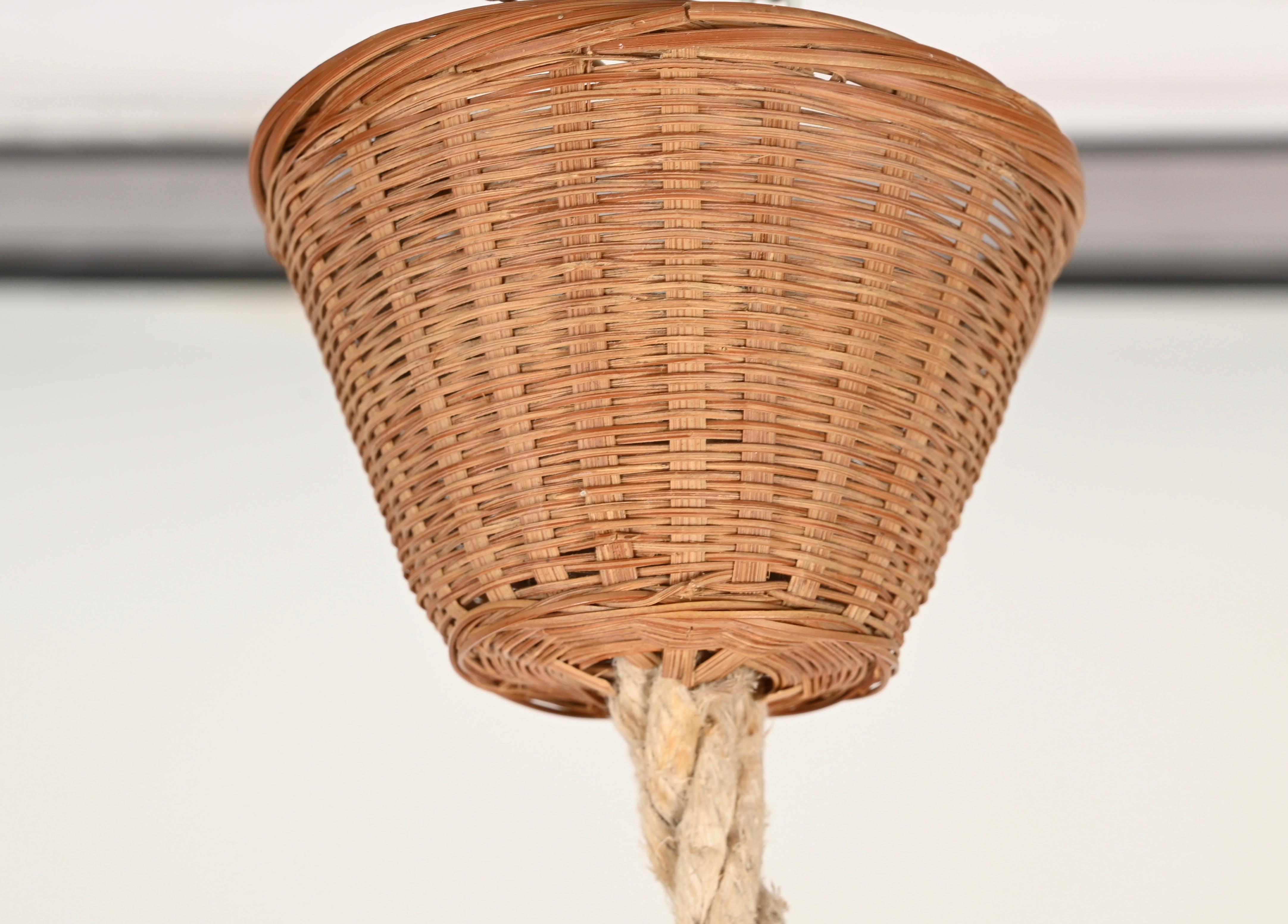 Louis Sognot Pendant Chandelier in Rattan, Wicker and Rope, France 1960s For Sale 1