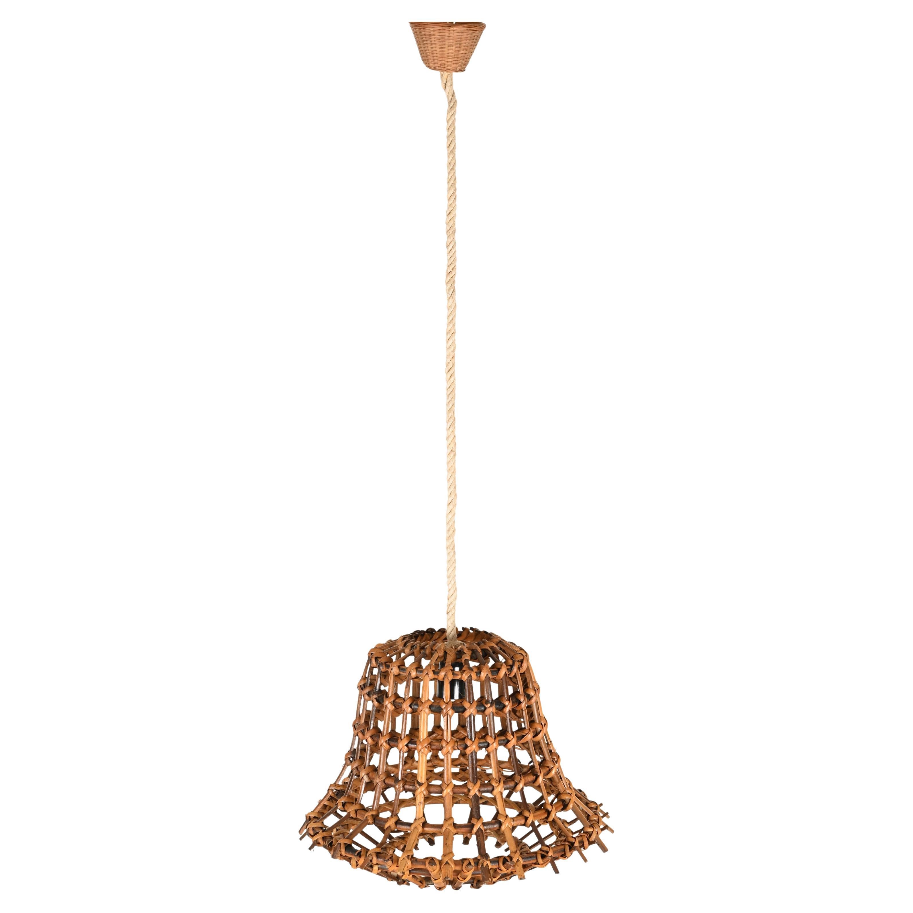 Louis Sognot Pendant Chandelier in Rattan, Wicker and Rope, France 1960s For Sale