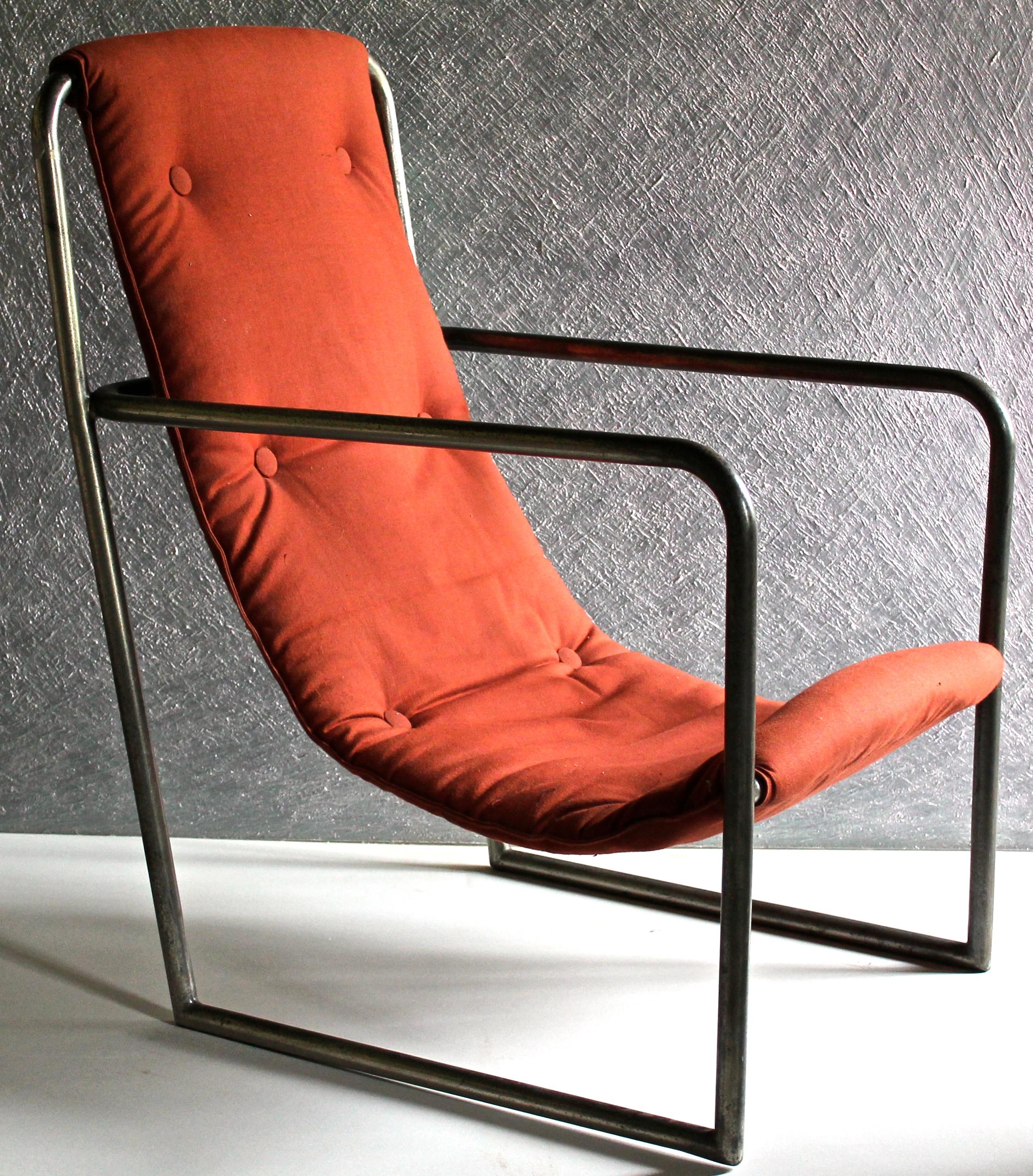 Welded steel and canvas upholstered 'sling' armchair designed by Louis Sognot and Maurice Dufrene for a 1928 La Maitrise installation. Extremely rare, perhaps a unique survivor. Period (1928) en situ photo depicting the model from: 'The Decorative