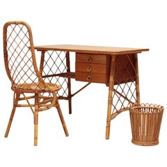 Ensemble de bureau en bois et rotin Louis Sognot