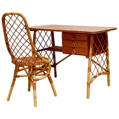 Louis Sognot Rattan and Wood Desk Set