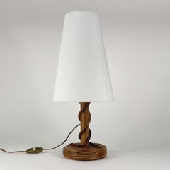 Louis SOGNOT Rattan Bamboo Fabric Table Lamp, France 1950s