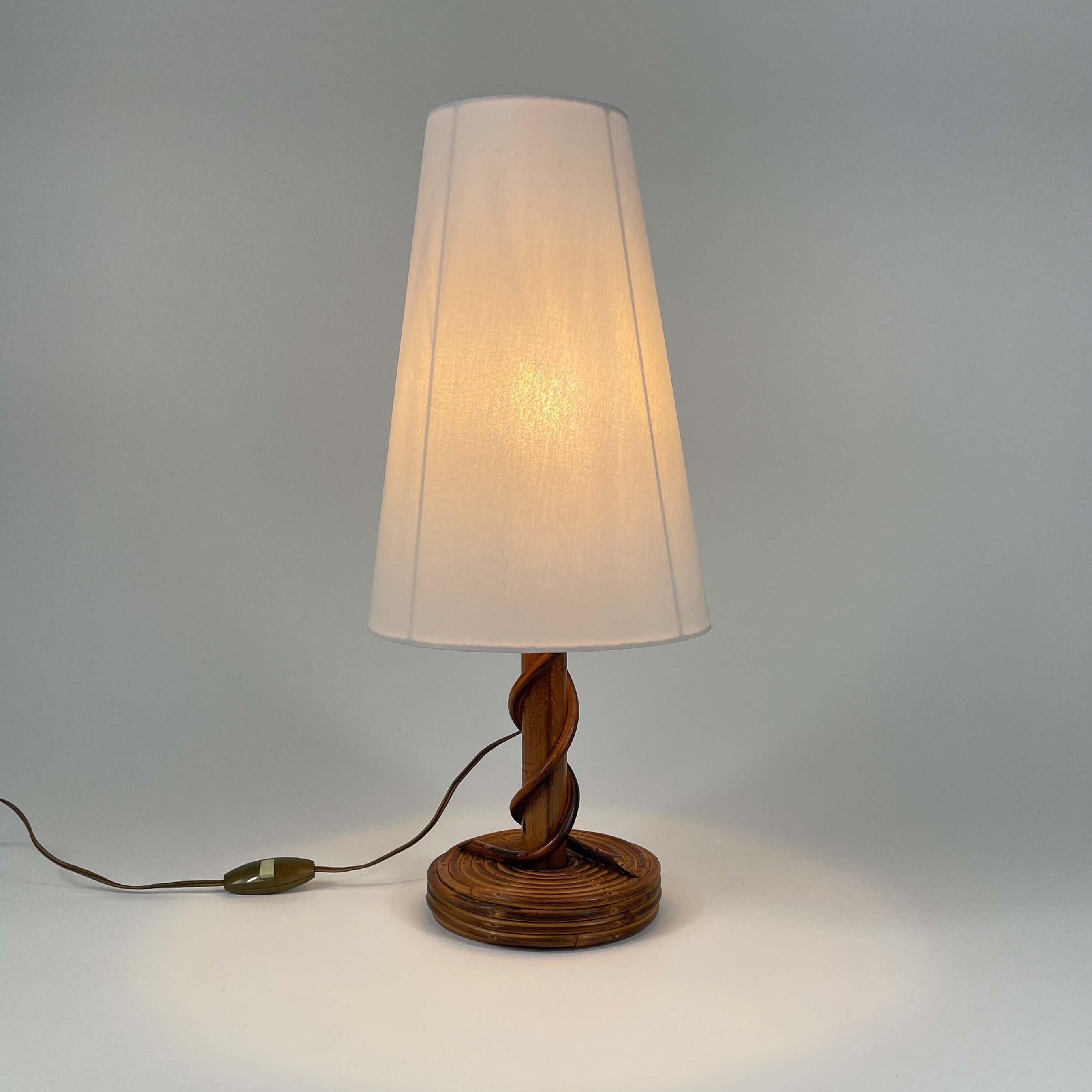Mid-Century Modern Louis SOGNOT Rattan Bamboo Fabric Table Lamp, France 1950s For Sale