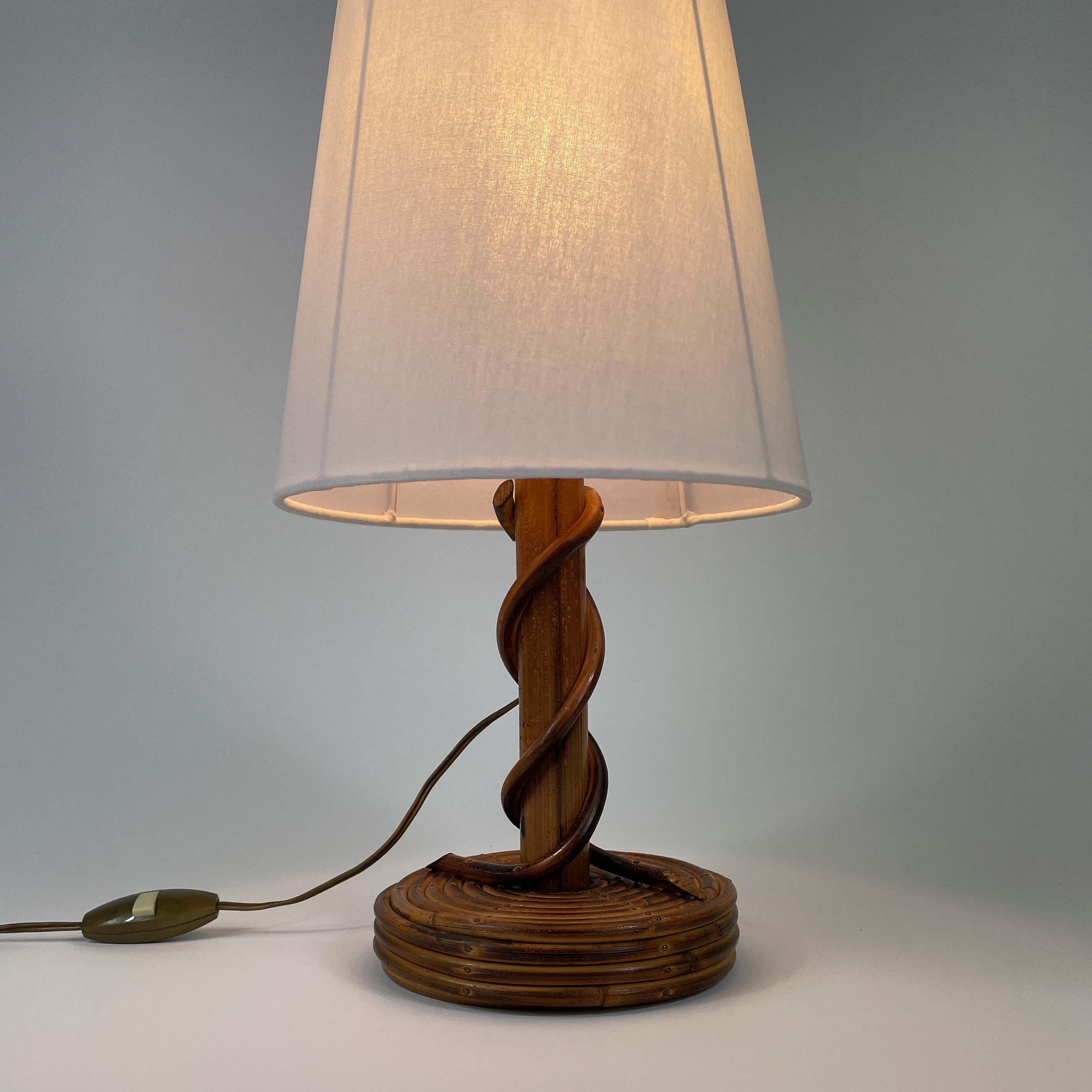 French Louis SOGNOT Rattan Bamboo Fabric Table Lamp, France 1950s For Sale