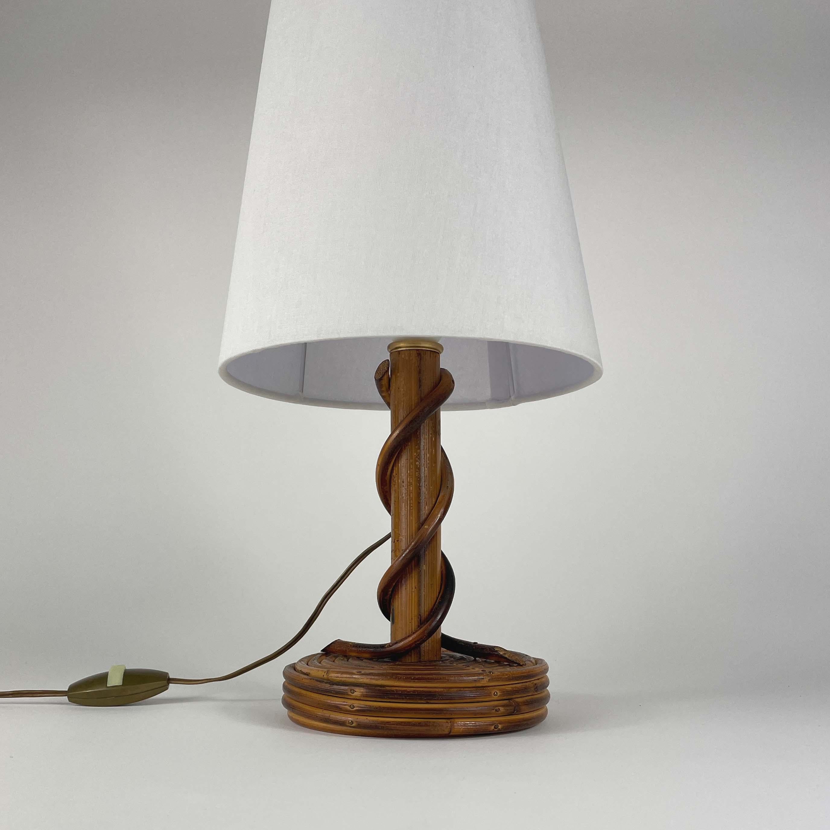 Mid-20th Century Louis SOGNOT Rattan Bamboo Fabric Table Lamp, France 1950s For Sale