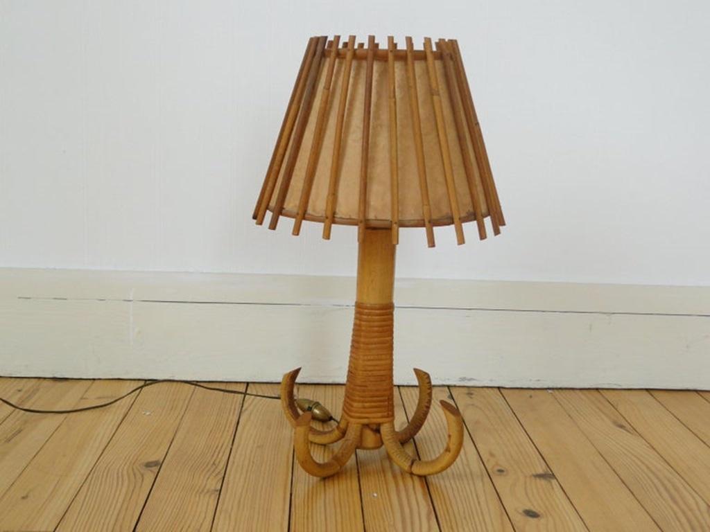 Mid-Century Modern Louis Sognot Rattan Bamboo Table Lamp, France  For Sale