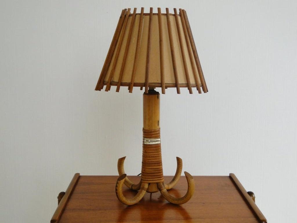 French Louis Sognot Rattan Bamboo Table Lamp, France  For Sale