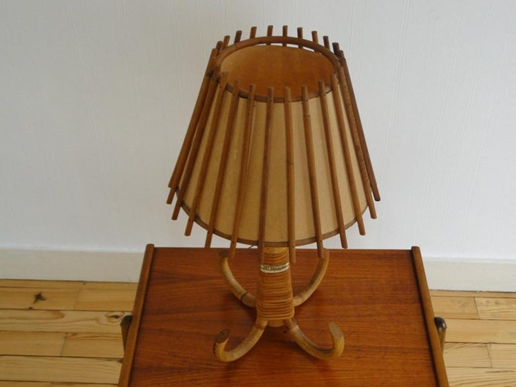 Mid-20th Century Louis Sognot Rattan Bamboo Table Lamp, France  For Sale