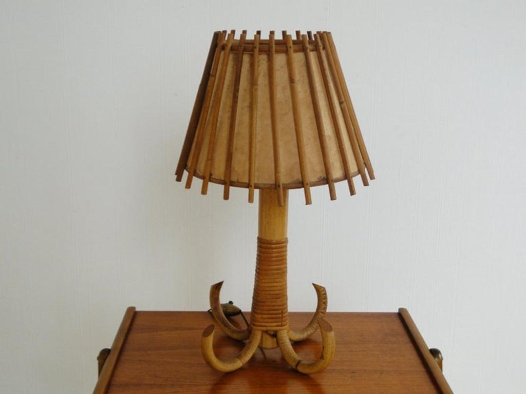 Louis Sognot Rattan Bamboo Table Lamp, France  For Sale 1