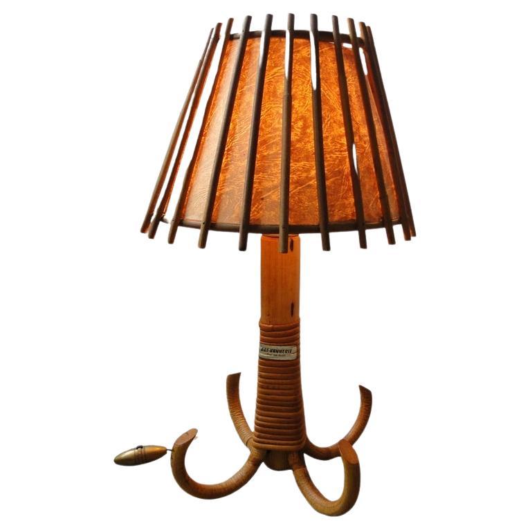 Louis Sognot Rattan Bamboo Table Lamp, France  For Sale