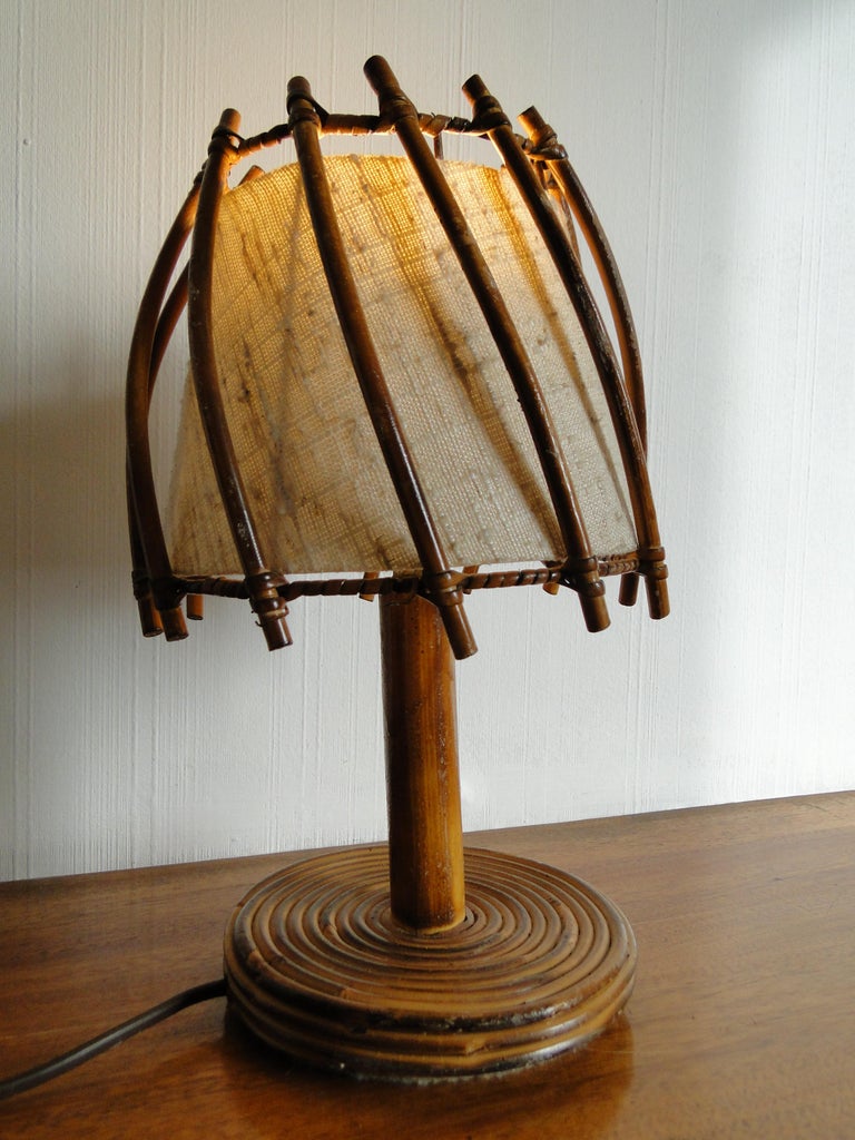 Mid-Century Modern Louis Sognot Rattan Banbou Table Lamp France  For Sale