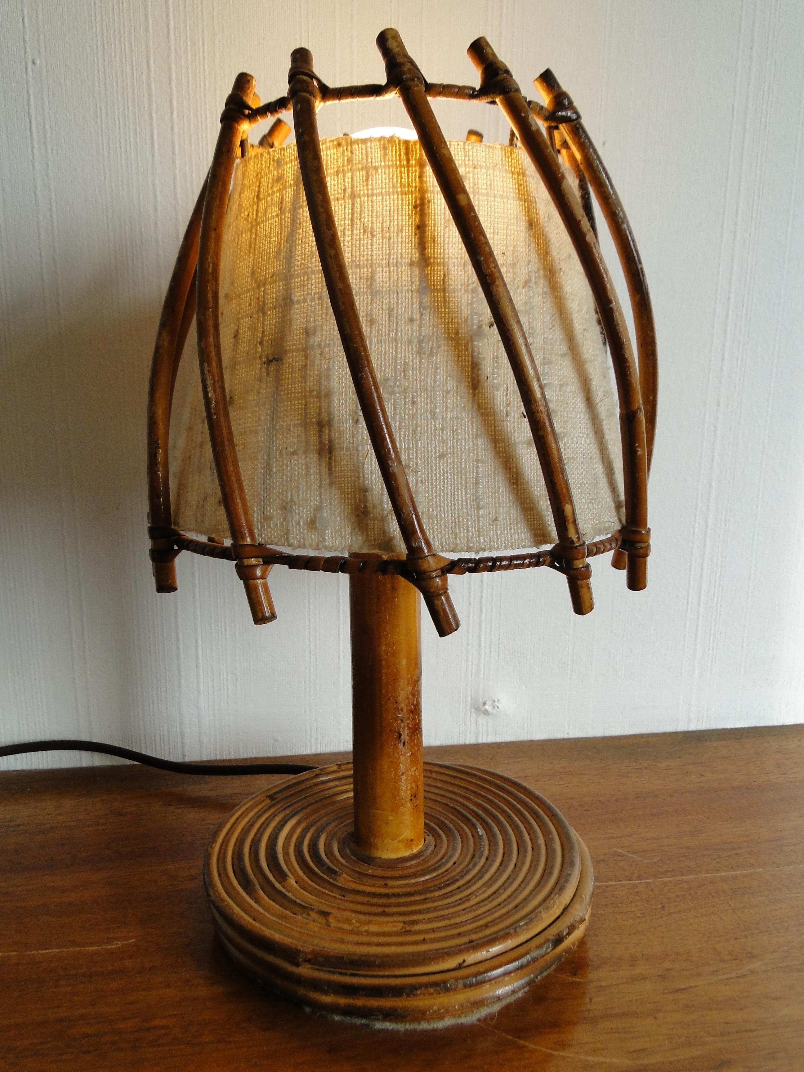 Mid-Century Modern Louis Sognot Rattan Banbou Table Lamp France 