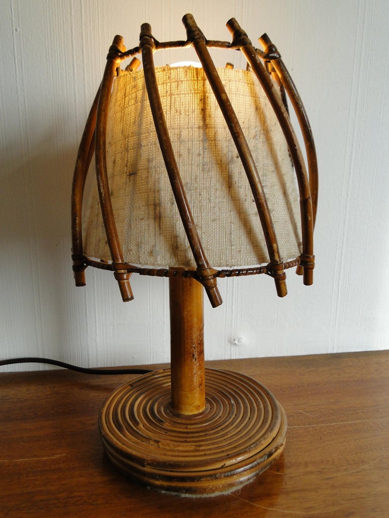 French Louis Sognot Rattan Banbou Table Lamp France  For Sale