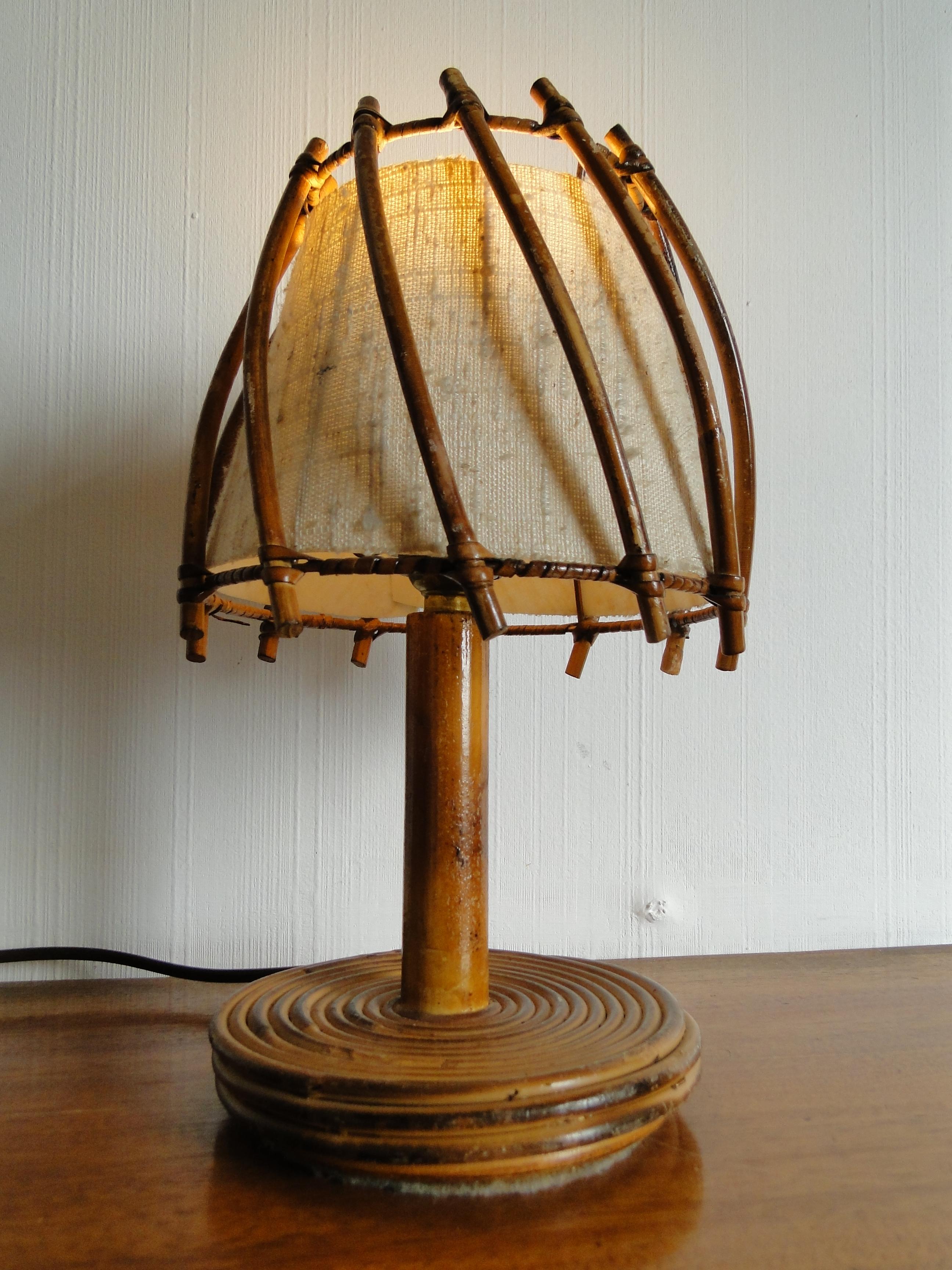 French Louis Sognot Rattan Banbou Table Lamp France 