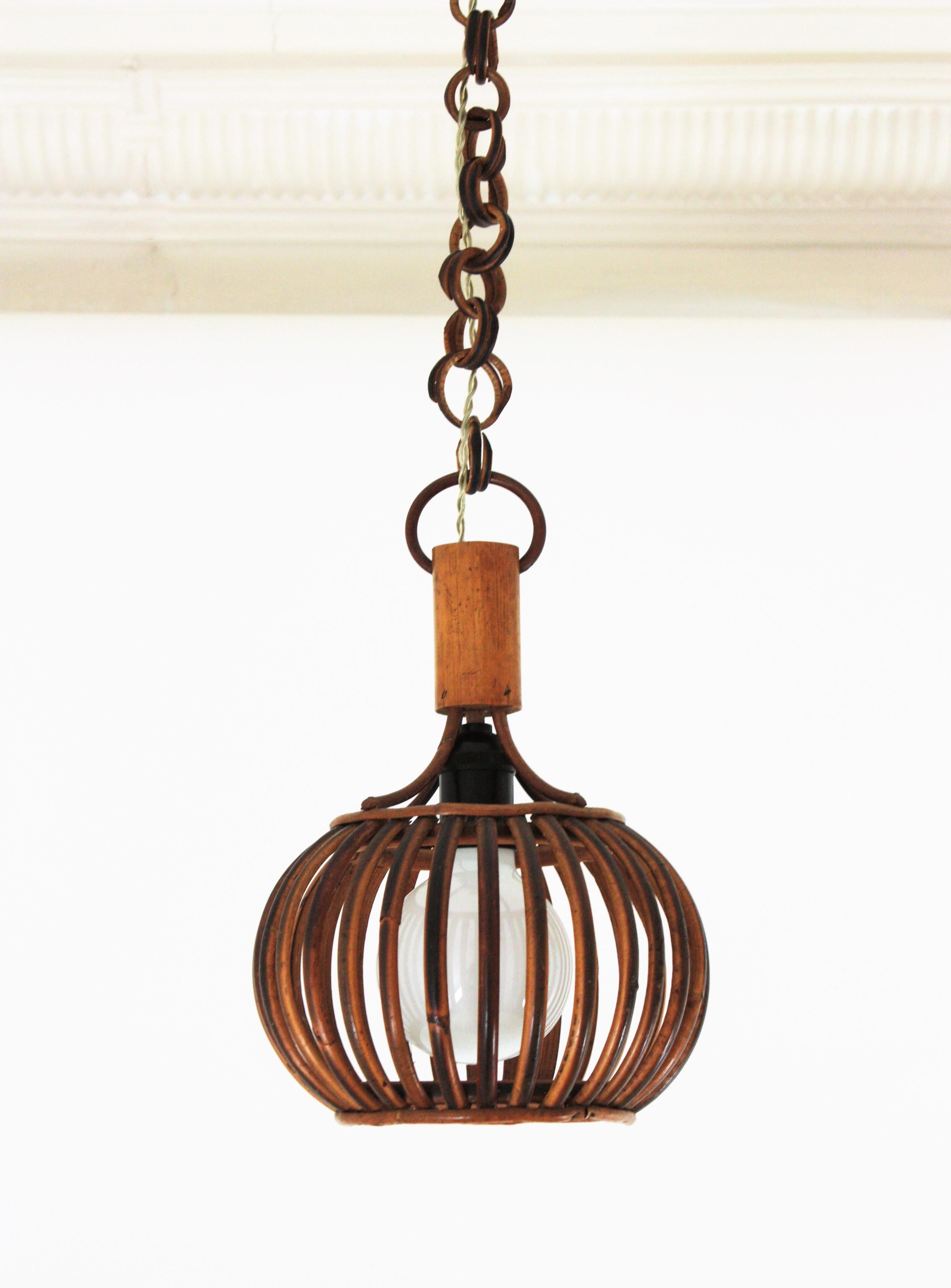 Louis Sognot Rattan Pendant Hanging Light / Lantern, 1950s For Sale 3