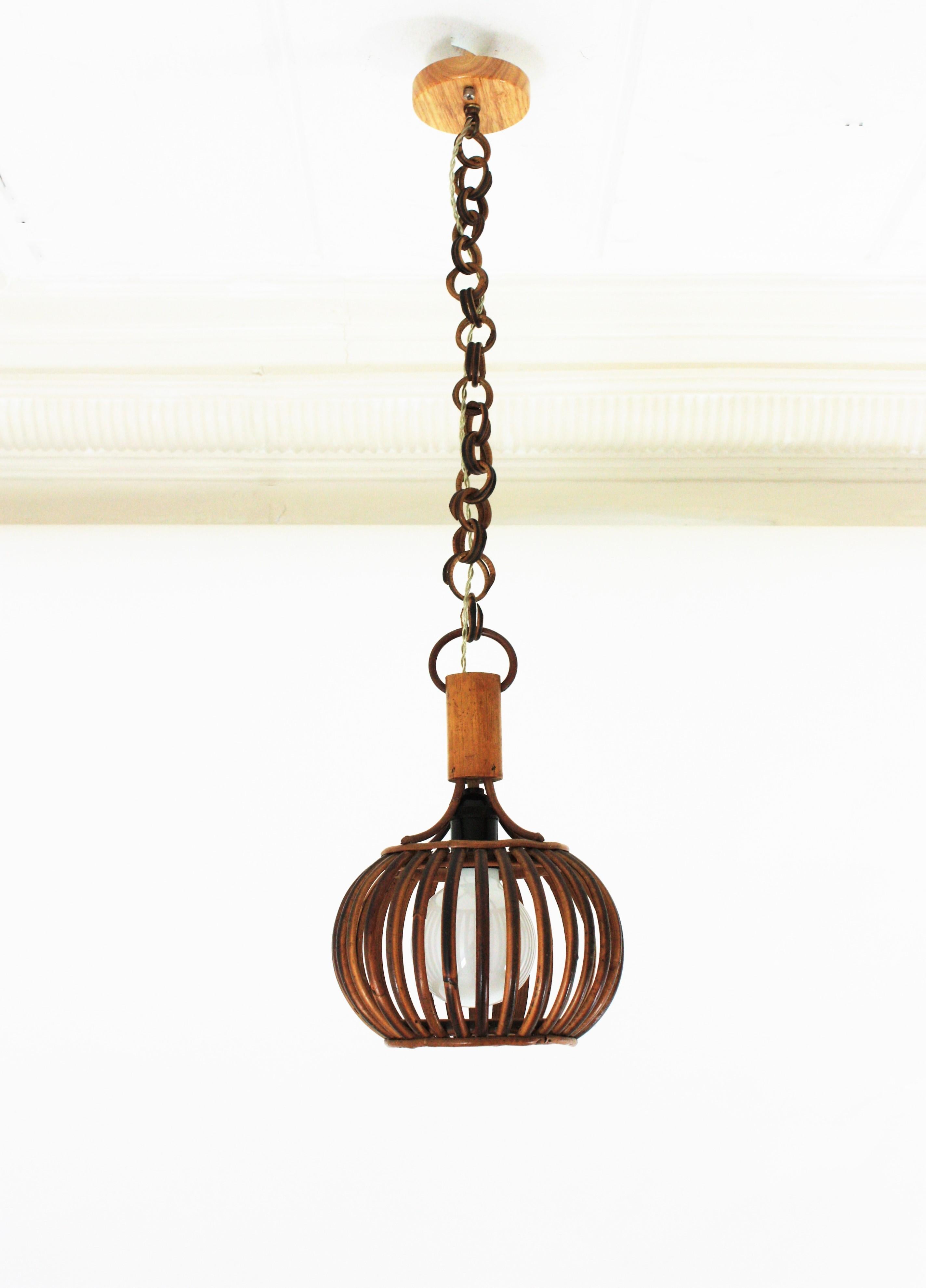 Louis Sognot Rattan Pendant Hanging Light / Lantern, 1950s For Sale 4