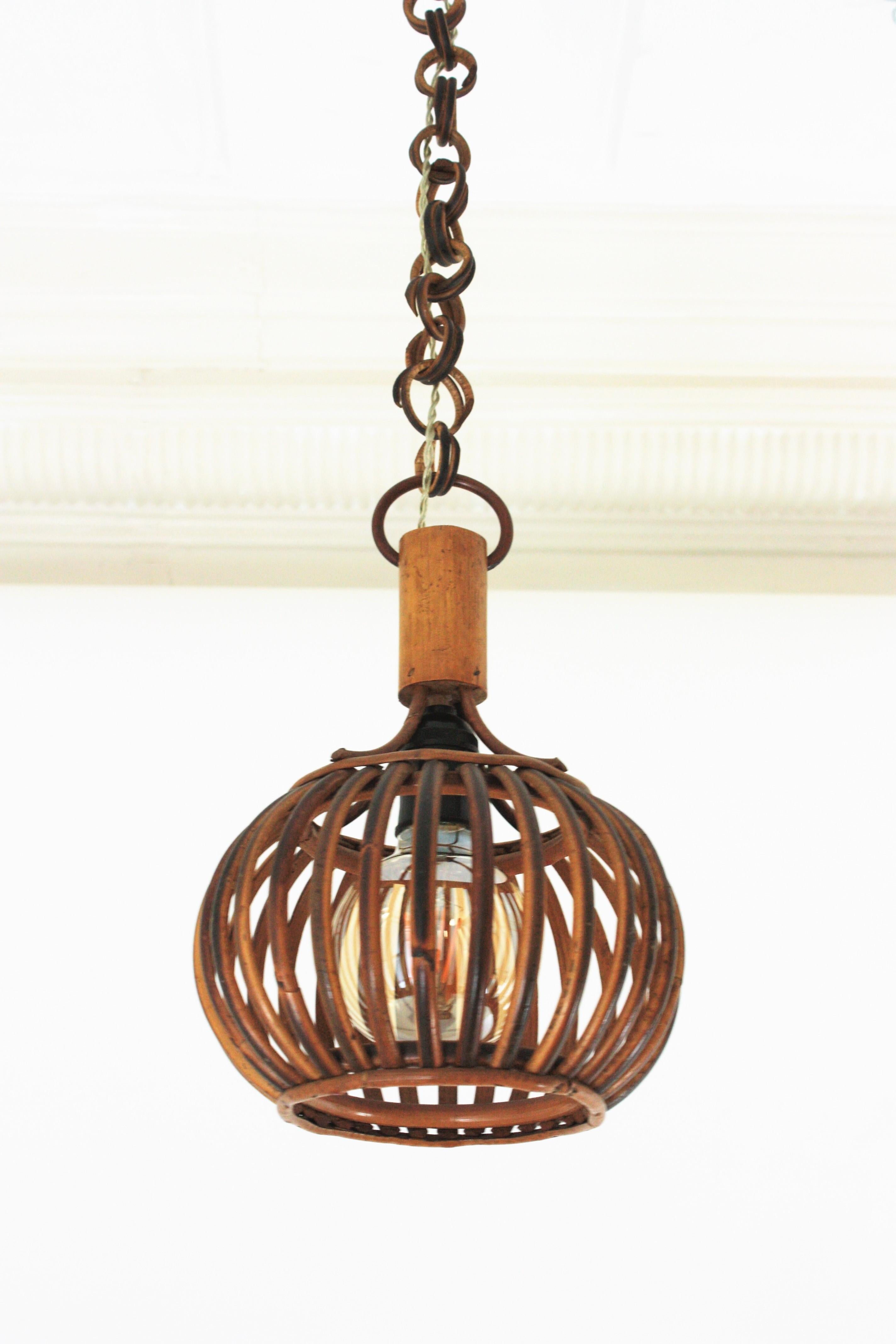 Louis Sognot Rattan Pendant Hanging Light / Lantern, 1950s For Sale 5
