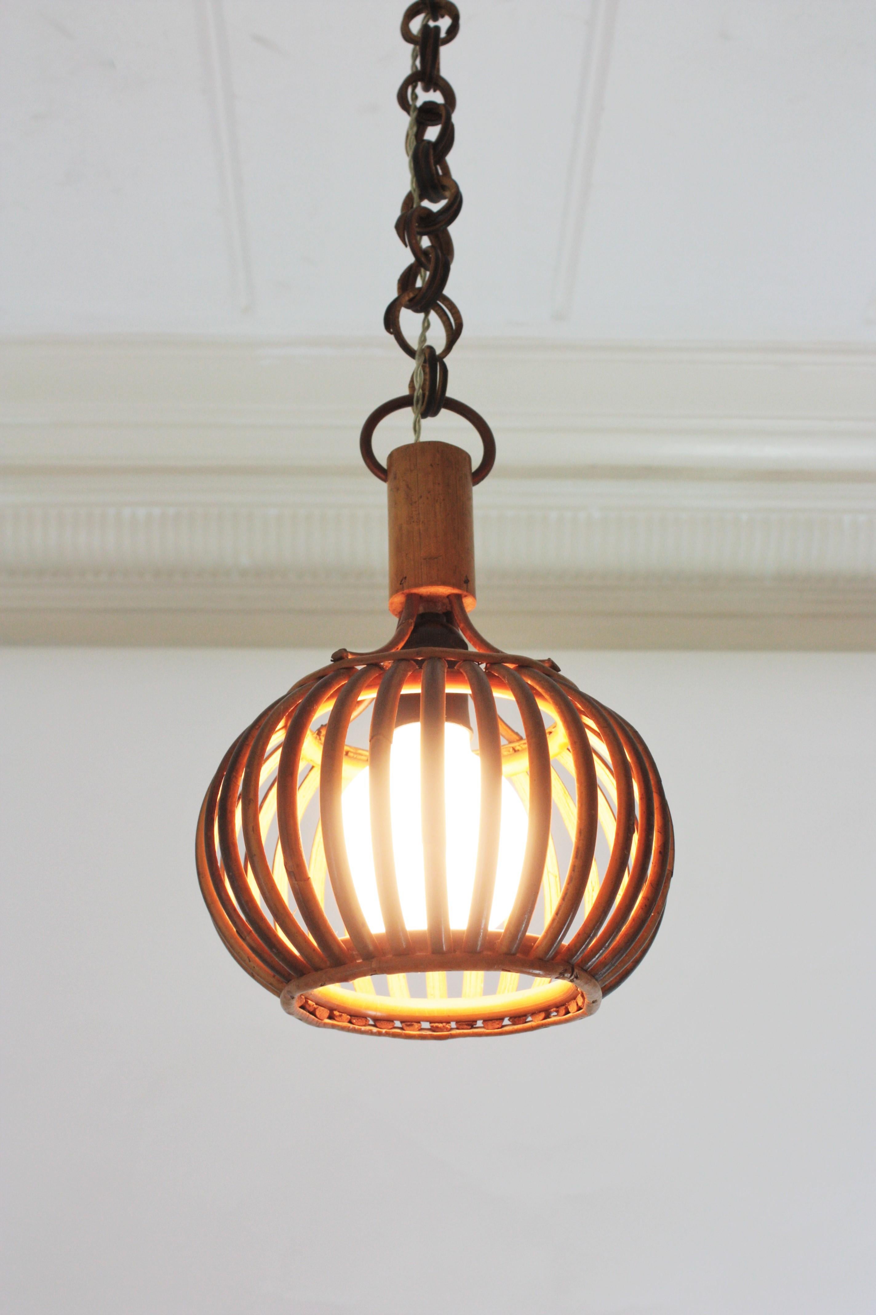 Louis Sognot Rattan Pendant Hanging Light / Lantern, 1950s For Sale 8