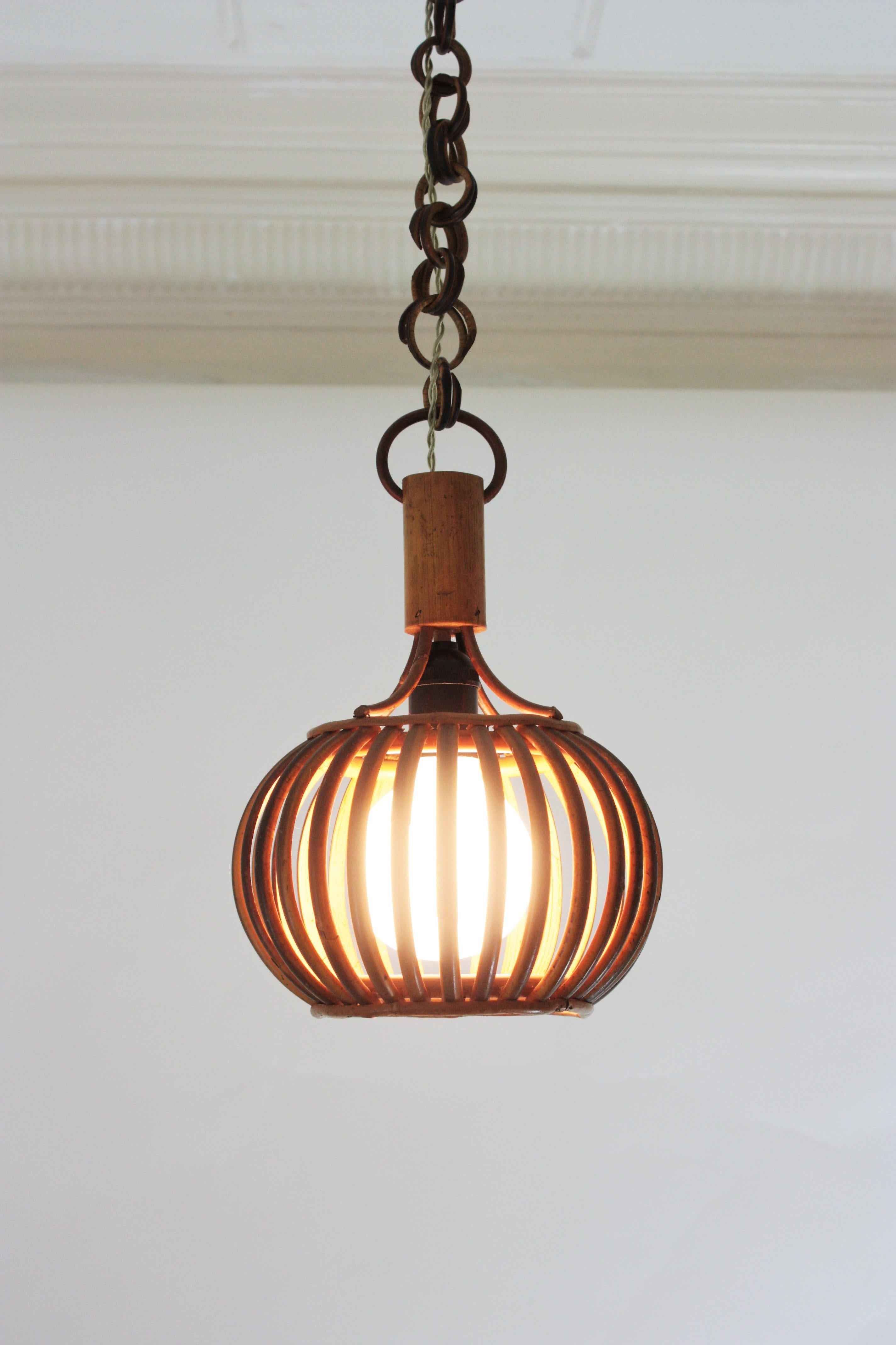 Mid-Century Modern Louis Sognot Rattan Pendant Hanging Light / Lantern, 1950s For Sale