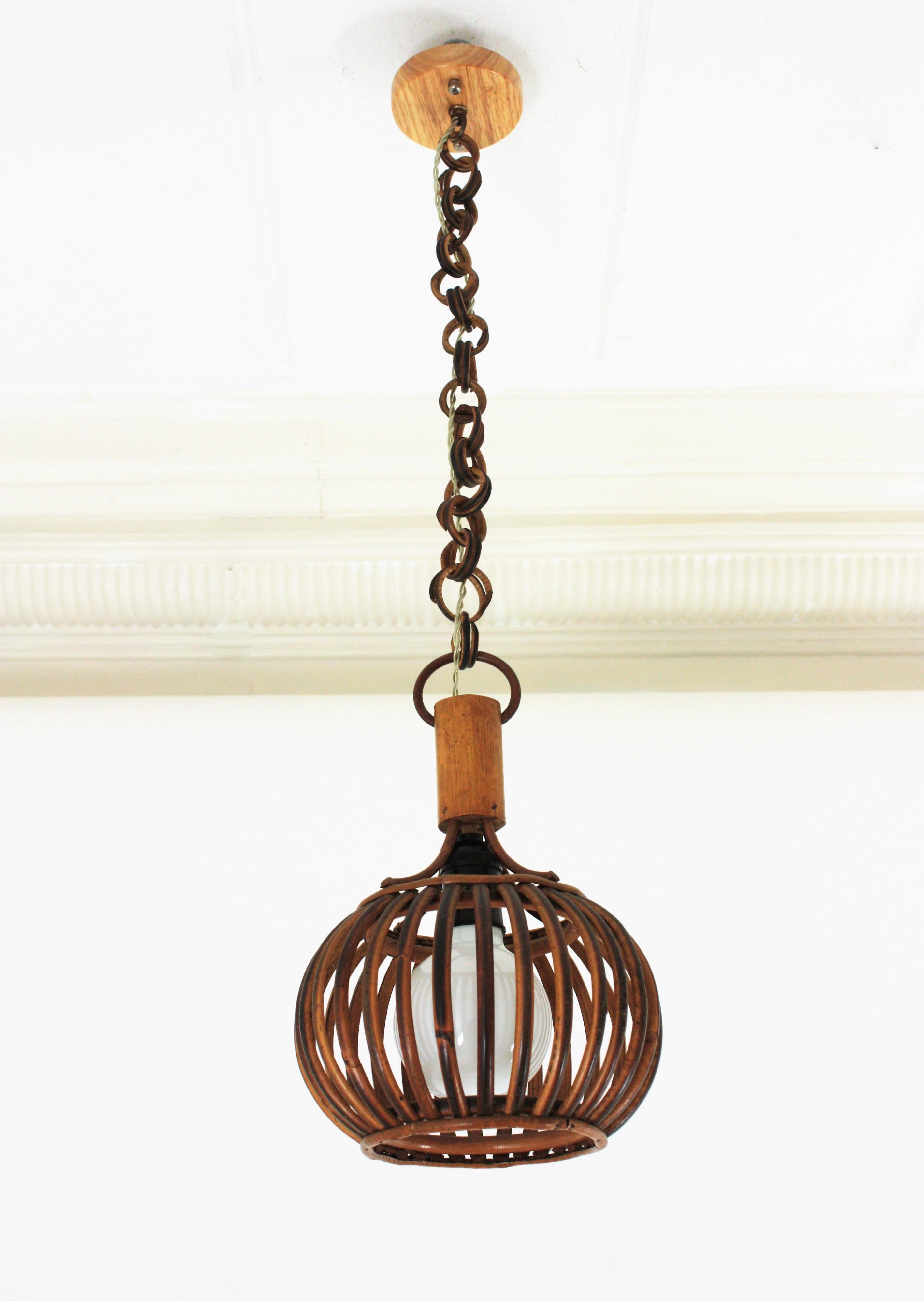 French Louis Sognot Rattan Pendant Hanging Light / Lantern, 1950s For Sale
