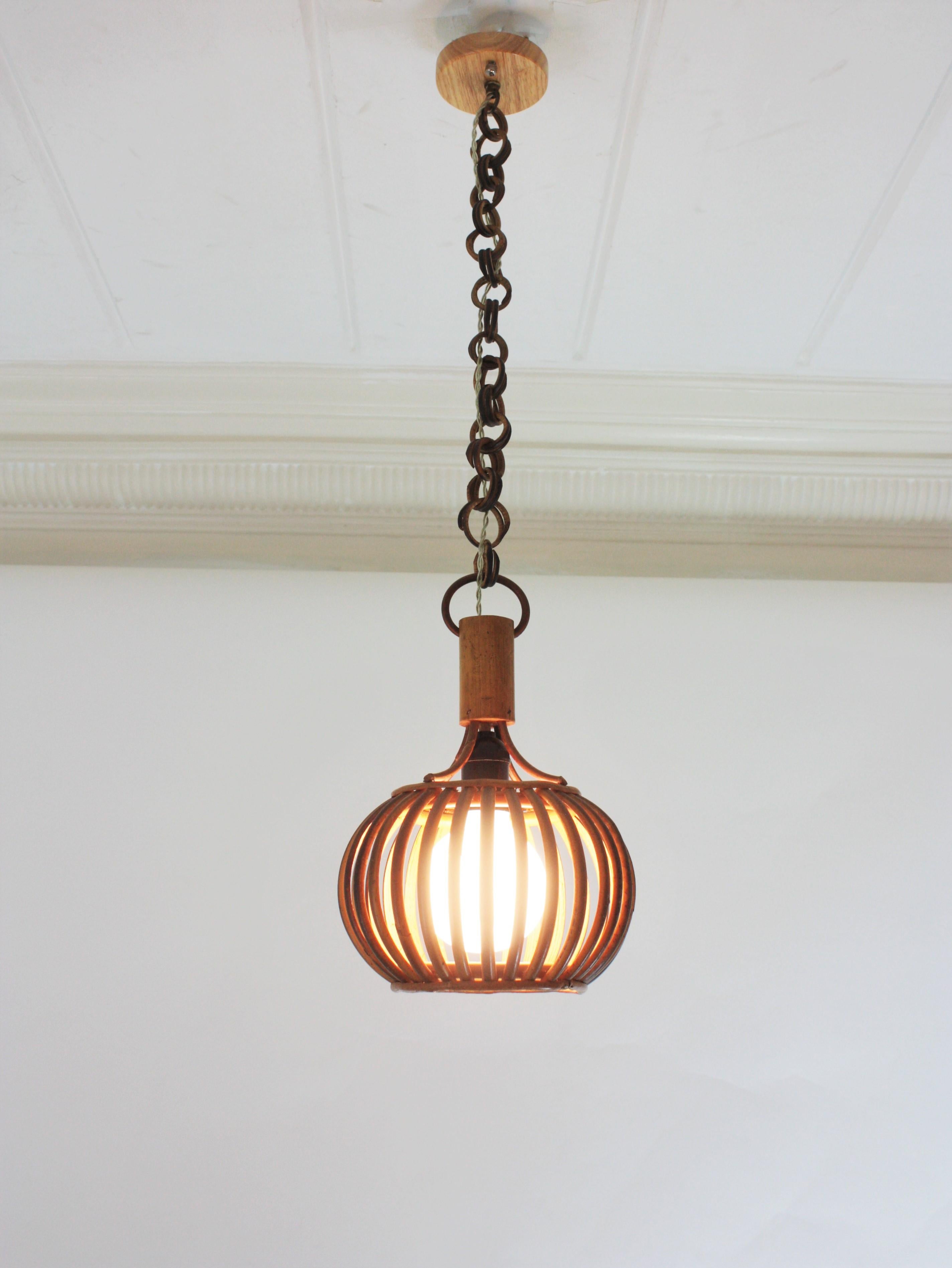 Hand-Crafted Louis Sognot Rattan Pendant Hanging Light / Lantern, 1950s For Sale