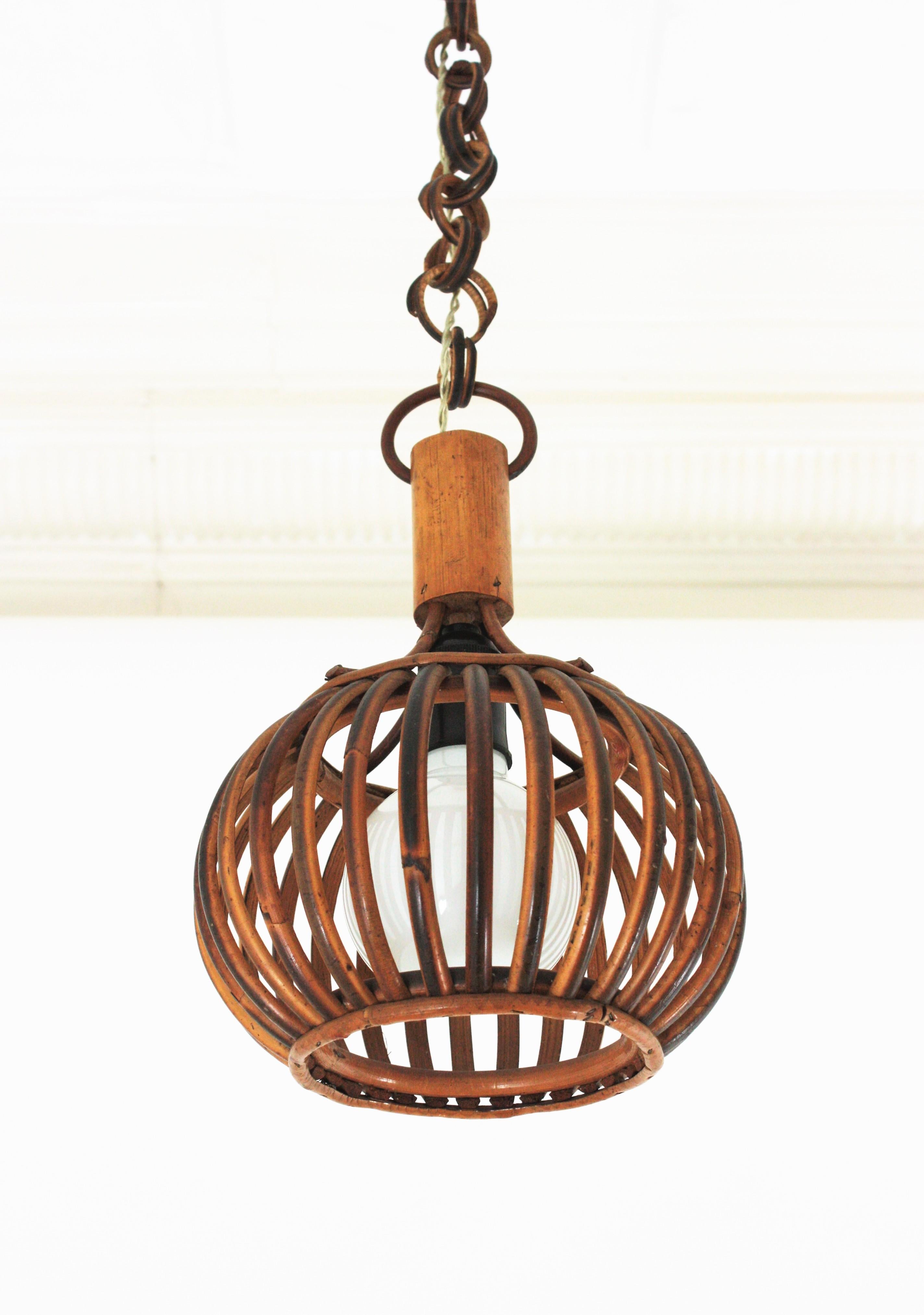 20th Century Louis Sognot Rattan Pendant Hanging Light / Lantern, 1950s For Sale
