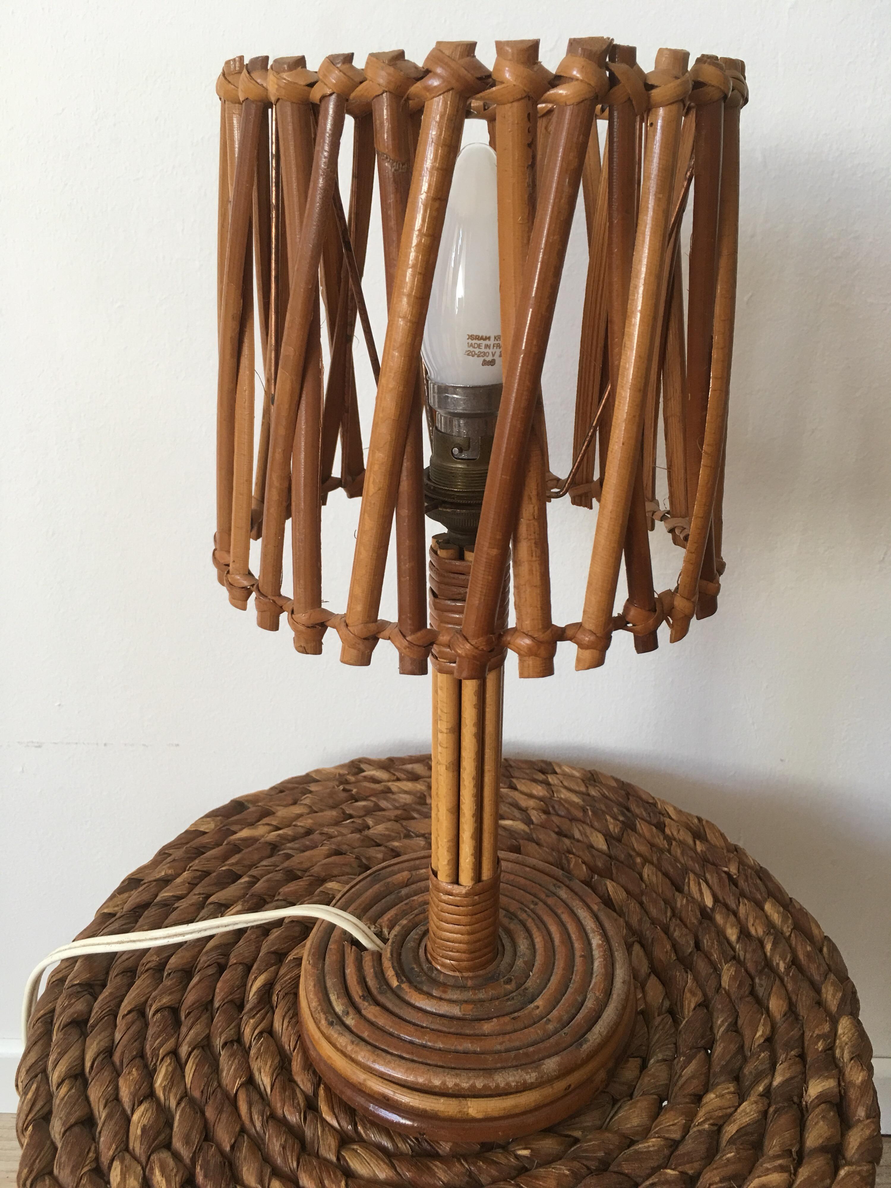 Louis Sognot Rattan Table Lamp, Original Rattan Lampshade, French, 1950s For Sale 8