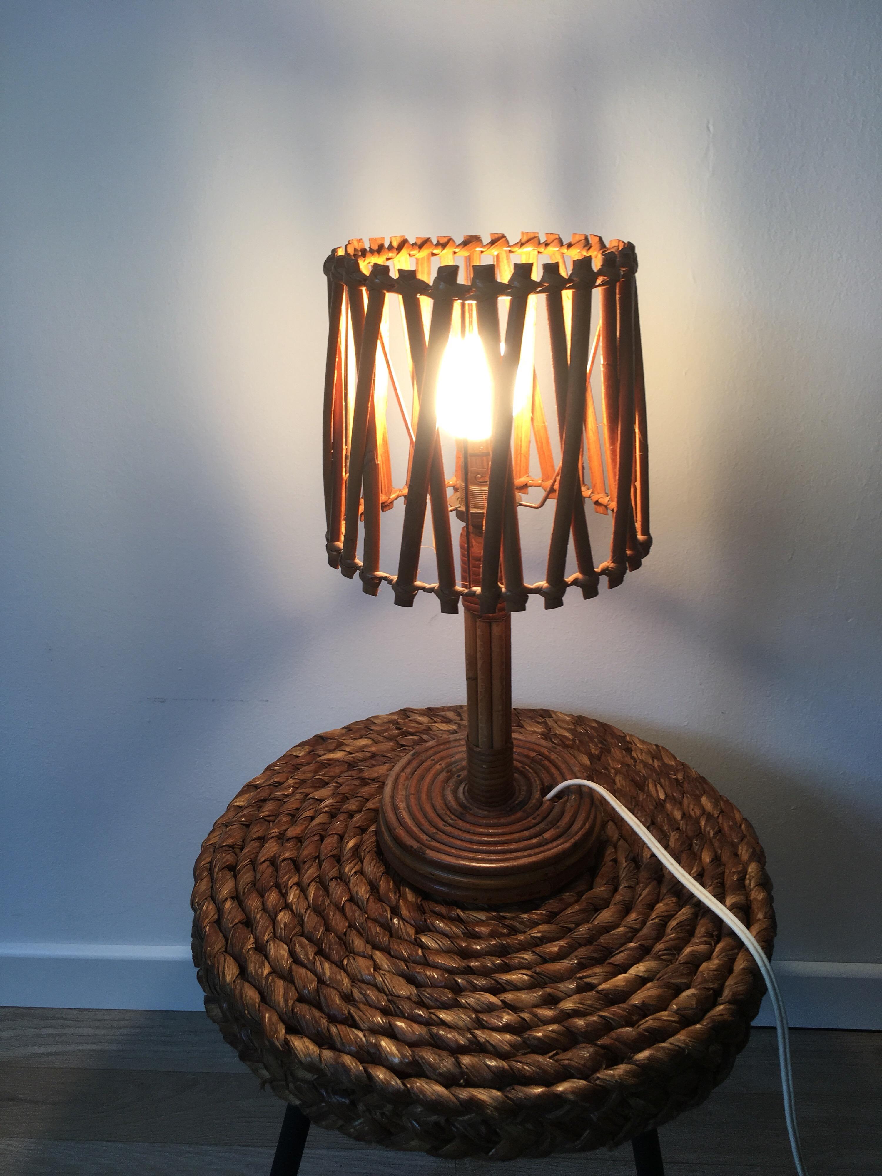 Louis Sognot Rattan Table Lamp, Original Rattan Lampshade, French, 1950s For Sale 9