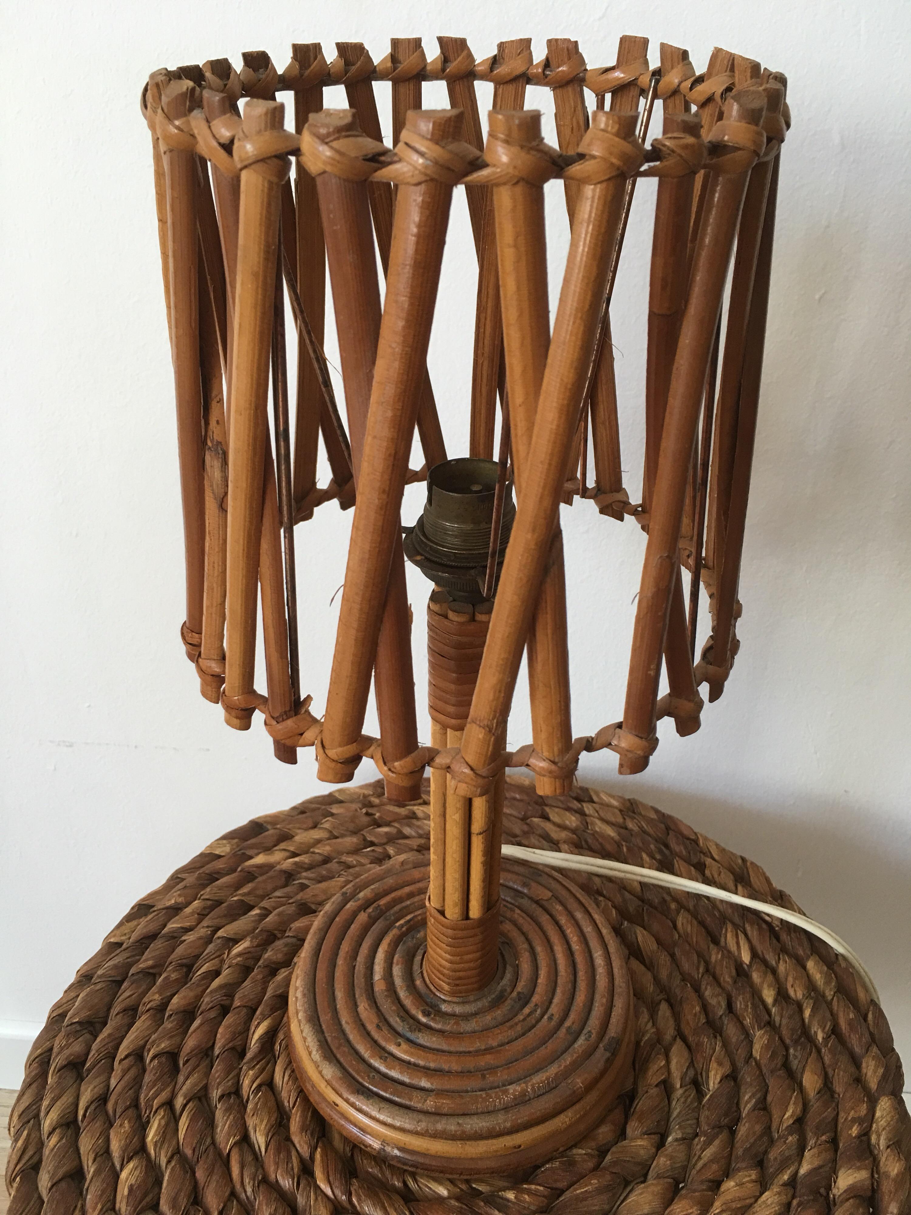 Mid-Century Modern Louis Sognot Rattan Table Lamp, Original Rattan Lampshade, French, 1950s For Sale