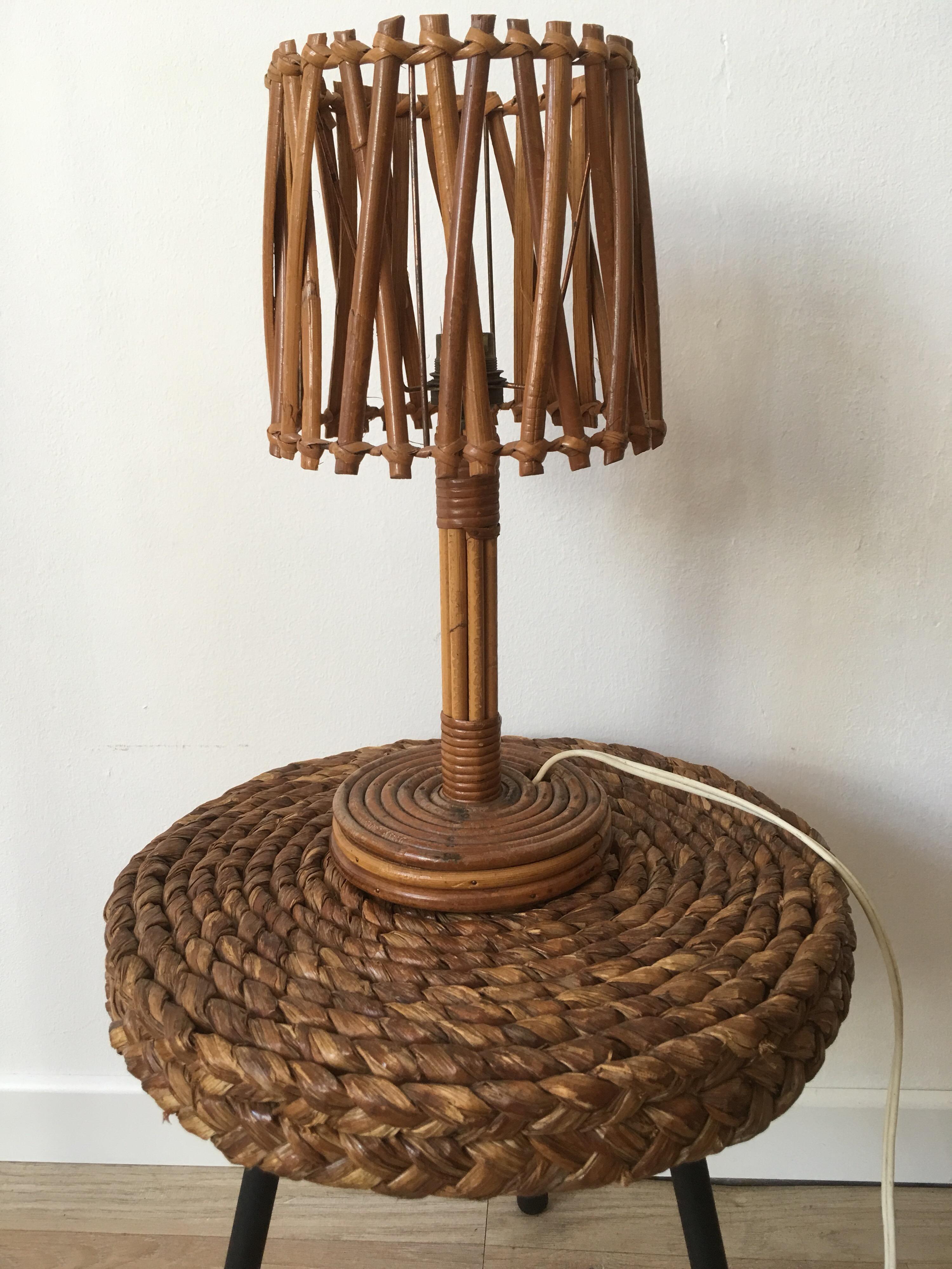 Mid-20th Century Louis Sognot Rattan Table Lamp, Original Rattan Lampshade, French, 1950s For Sale