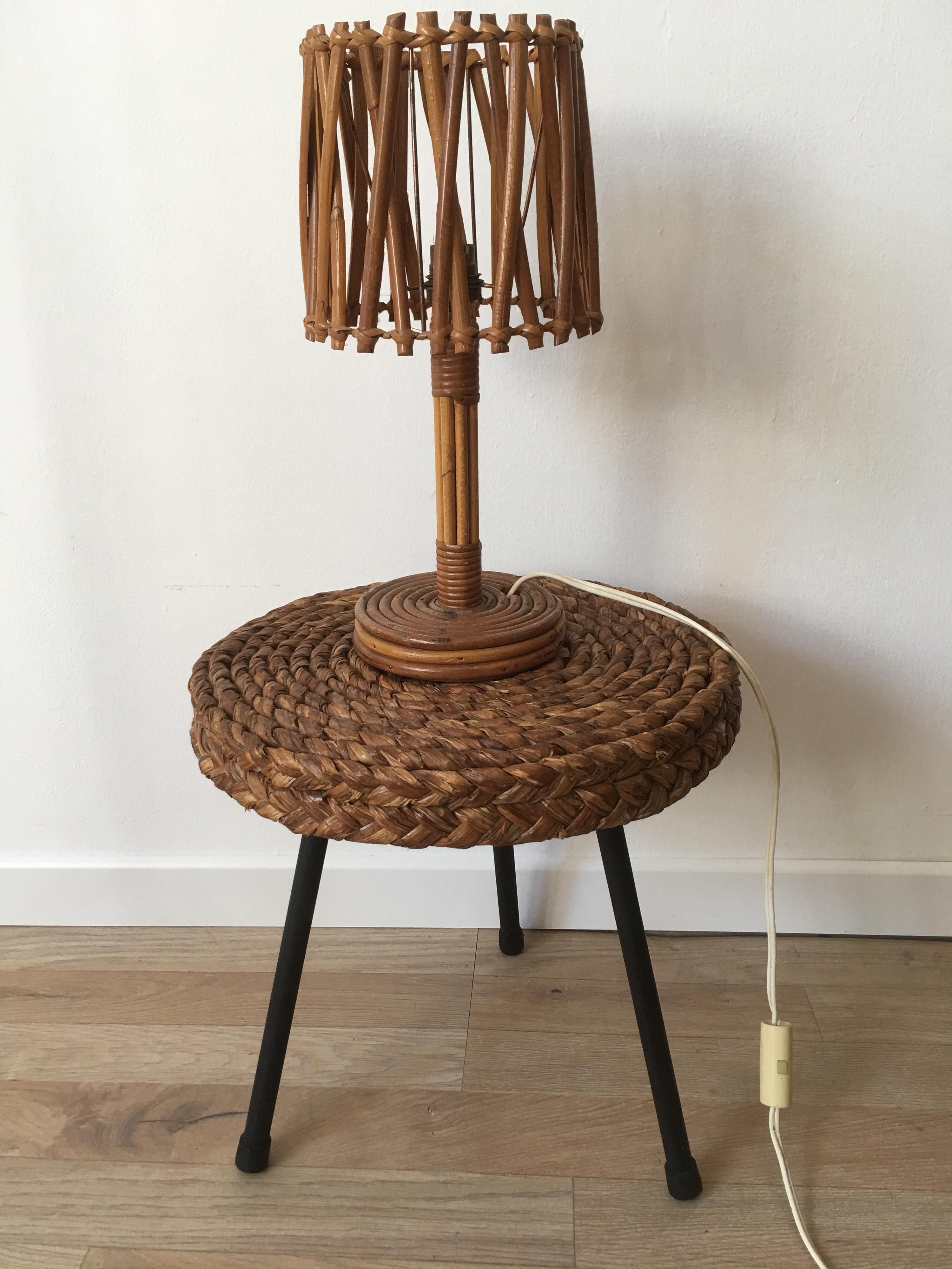 Louis Sognot Rattan Table Lamp, Original Rattan Lampshade, French, 1950s For Sale 1