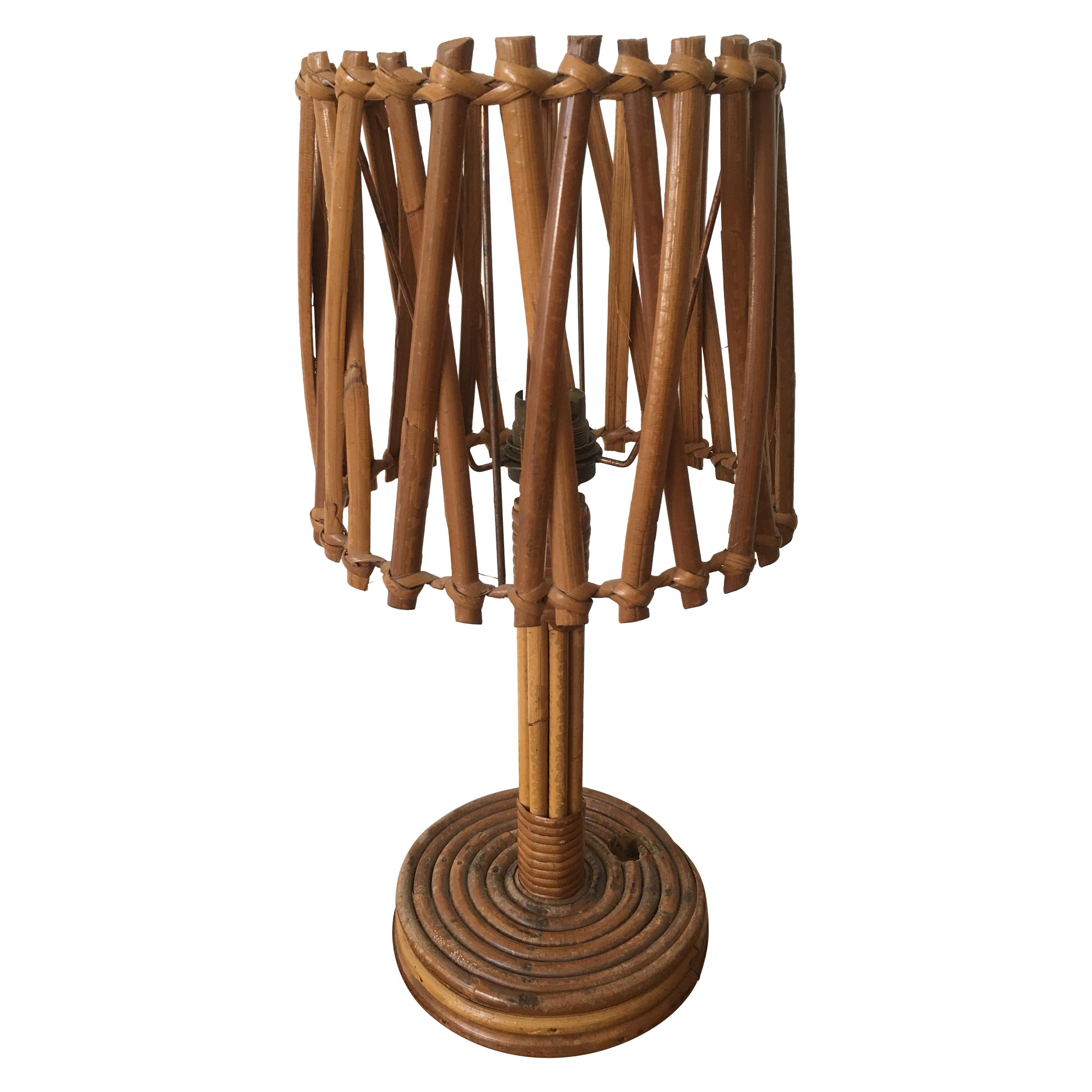 Louis Sognot Rattan Table Lamp, Original Rattan Lampshade, French, 1950s For Sale