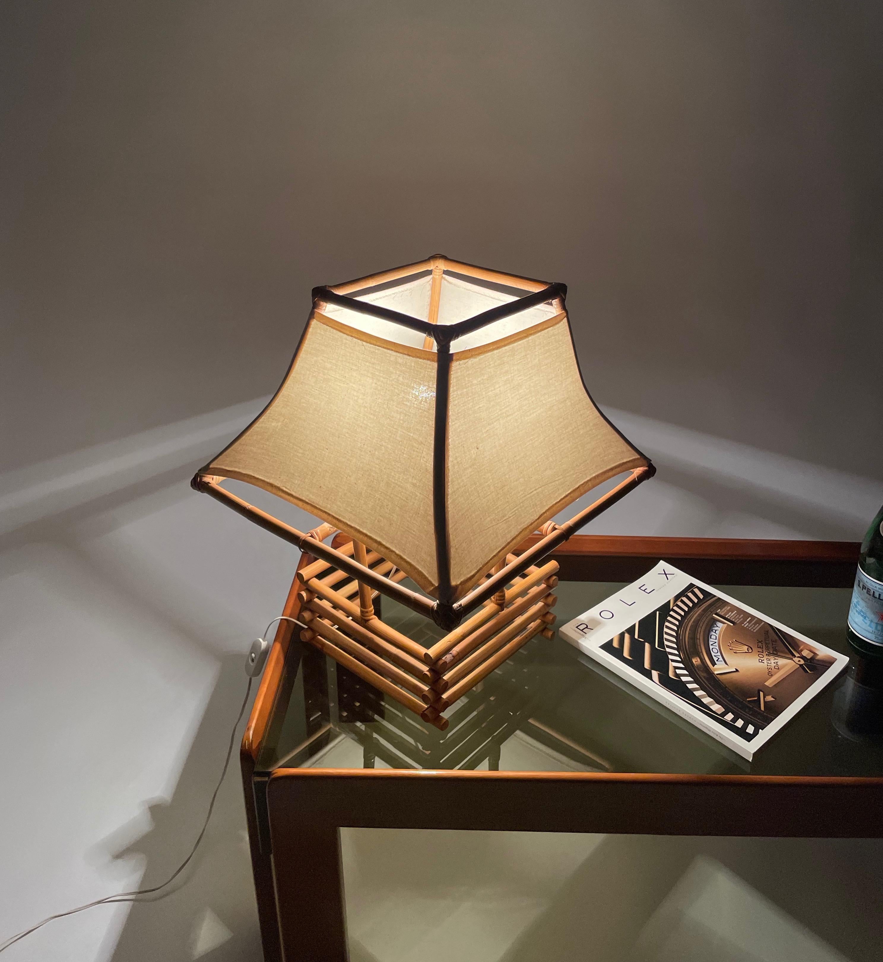 Louis Sognot Rattan, Wicker and White Fabric Table Lamp, France 1960s For Sale 6