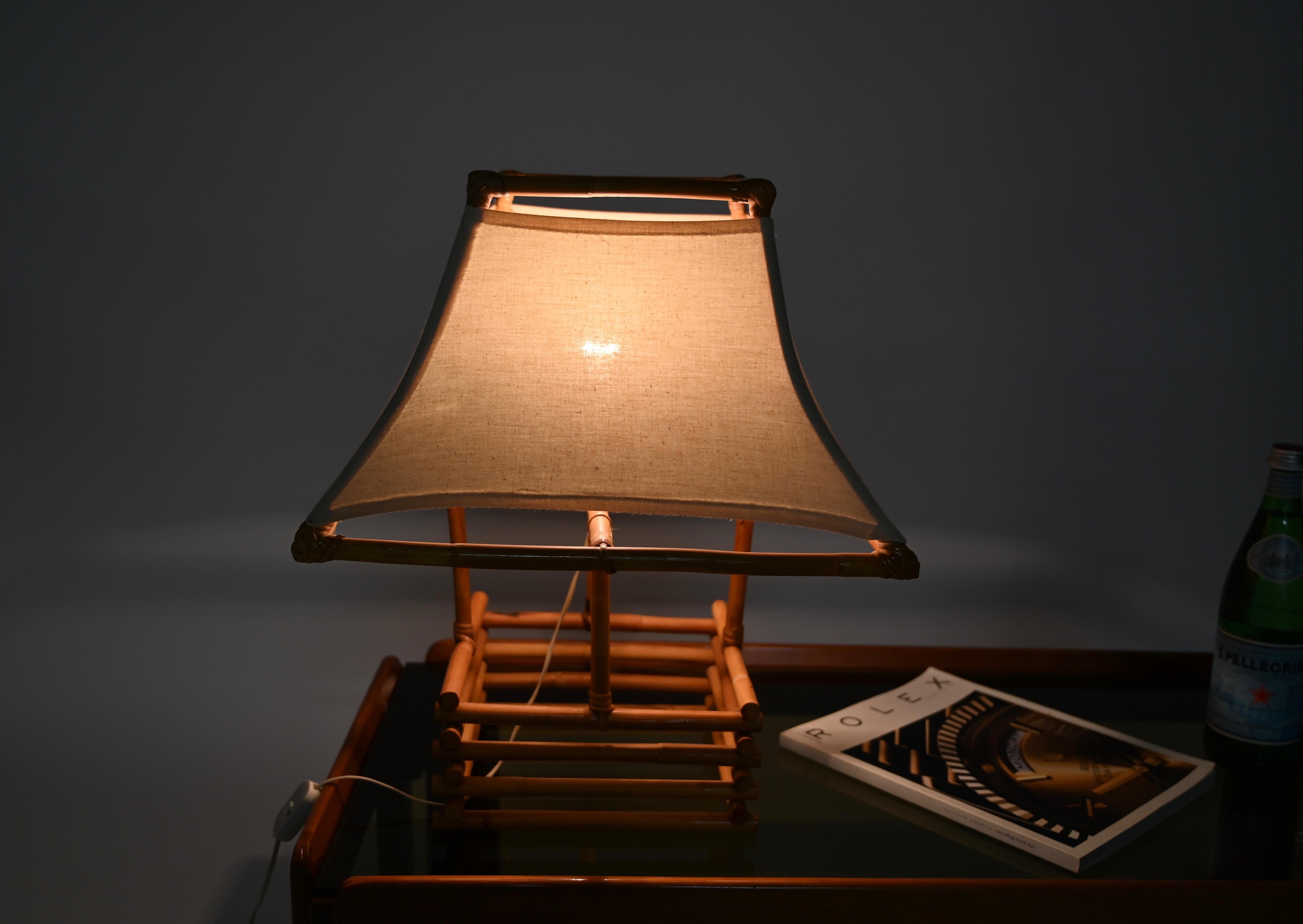 Louis Sognot Rattan, Wicker and White Fabric Table Lamp, France 1960s For Sale 7