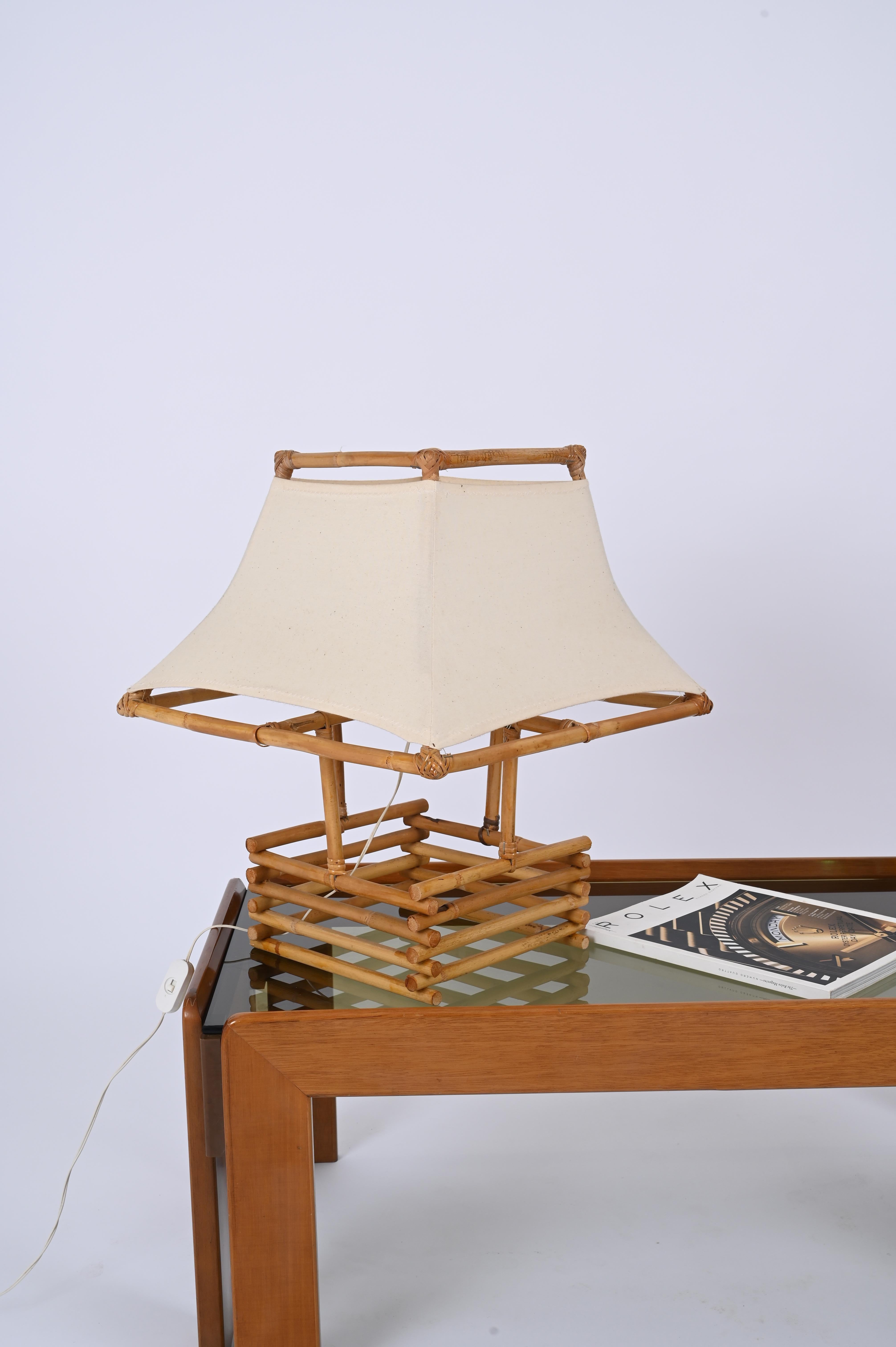 Hand-Crafted Louis Sognot Rattan, Wicker and White Fabric Table Lamp, France 1960s For Sale