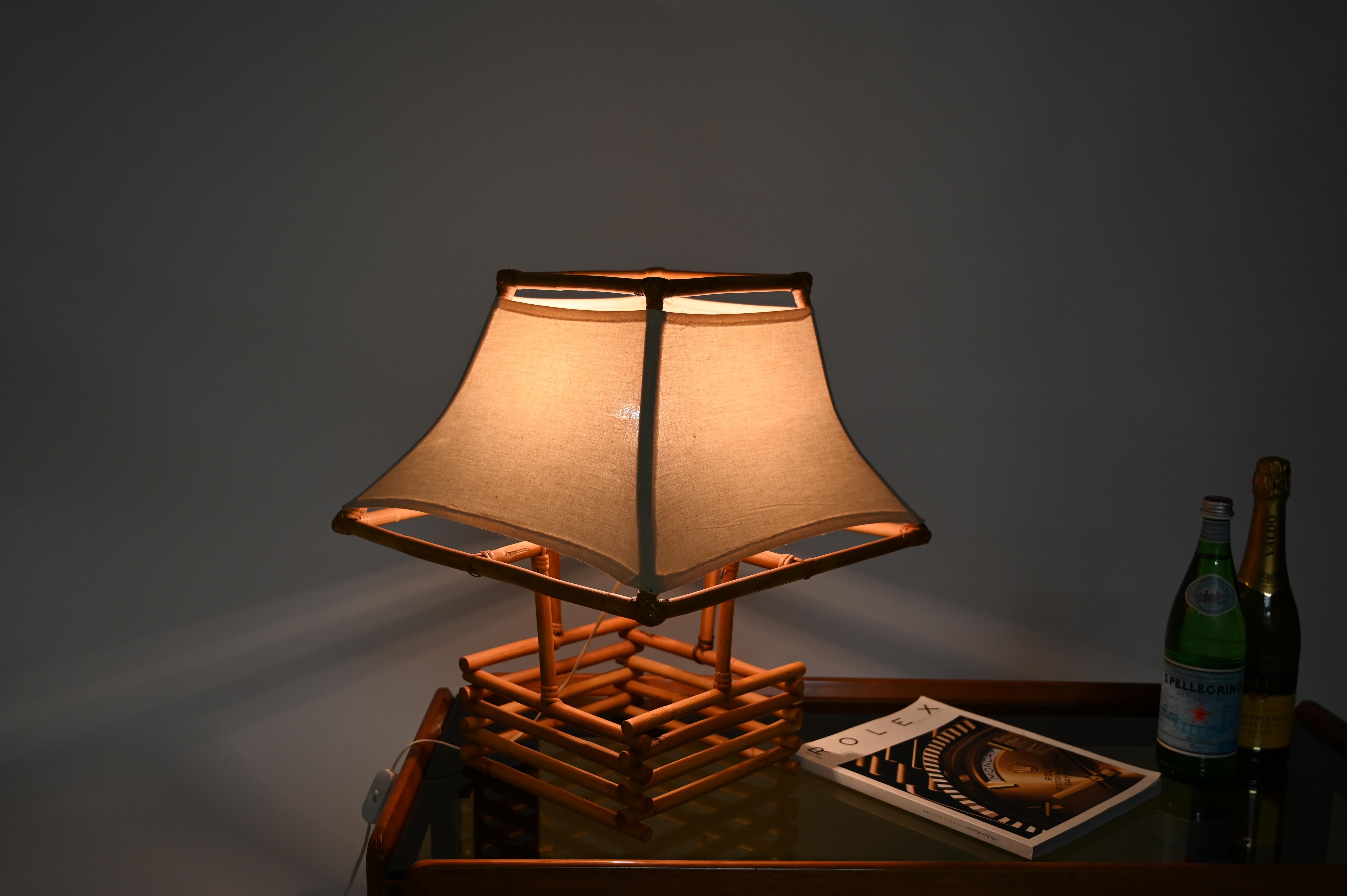 20th Century Louis Sognot Rattan, Wicker and White Fabric Table Lamp, France 1960s For Sale