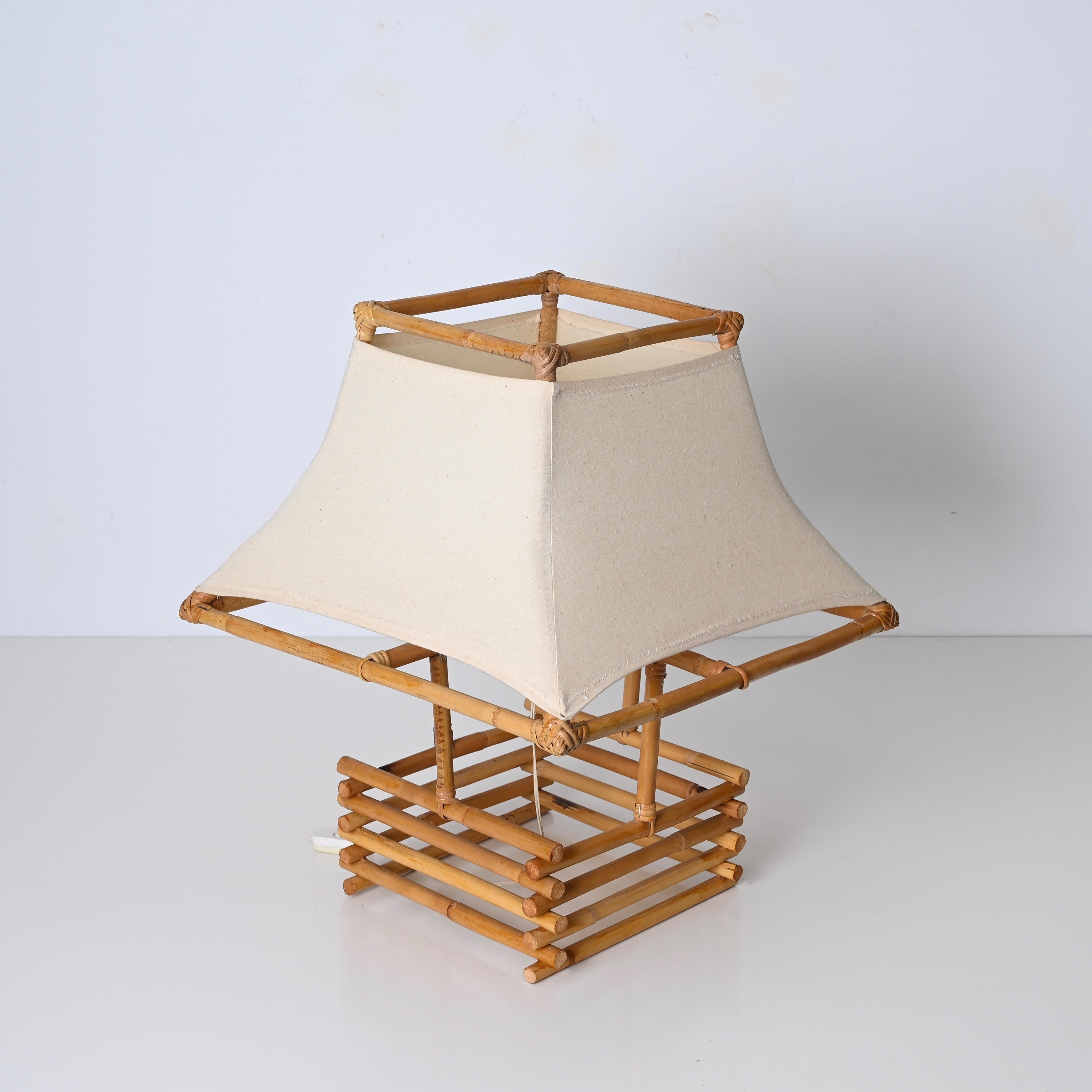 Louis Sognot Rattan, Wicker and White Fabric Table Lamp, France 1960s For Sale 1