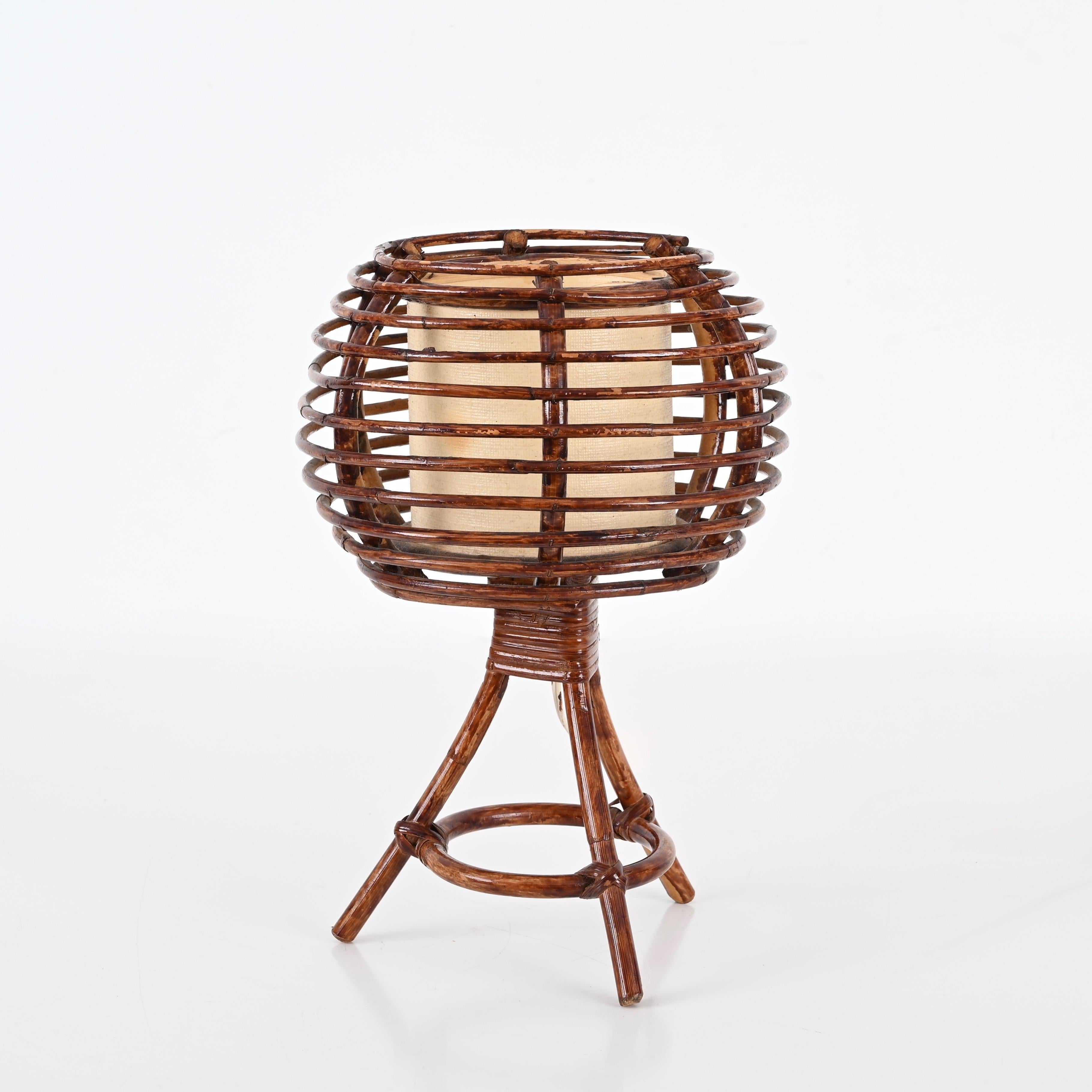 Louis Sognot Round Table Lamp in Rattan, Wicker, Beige Lampshade, France 1960s 3