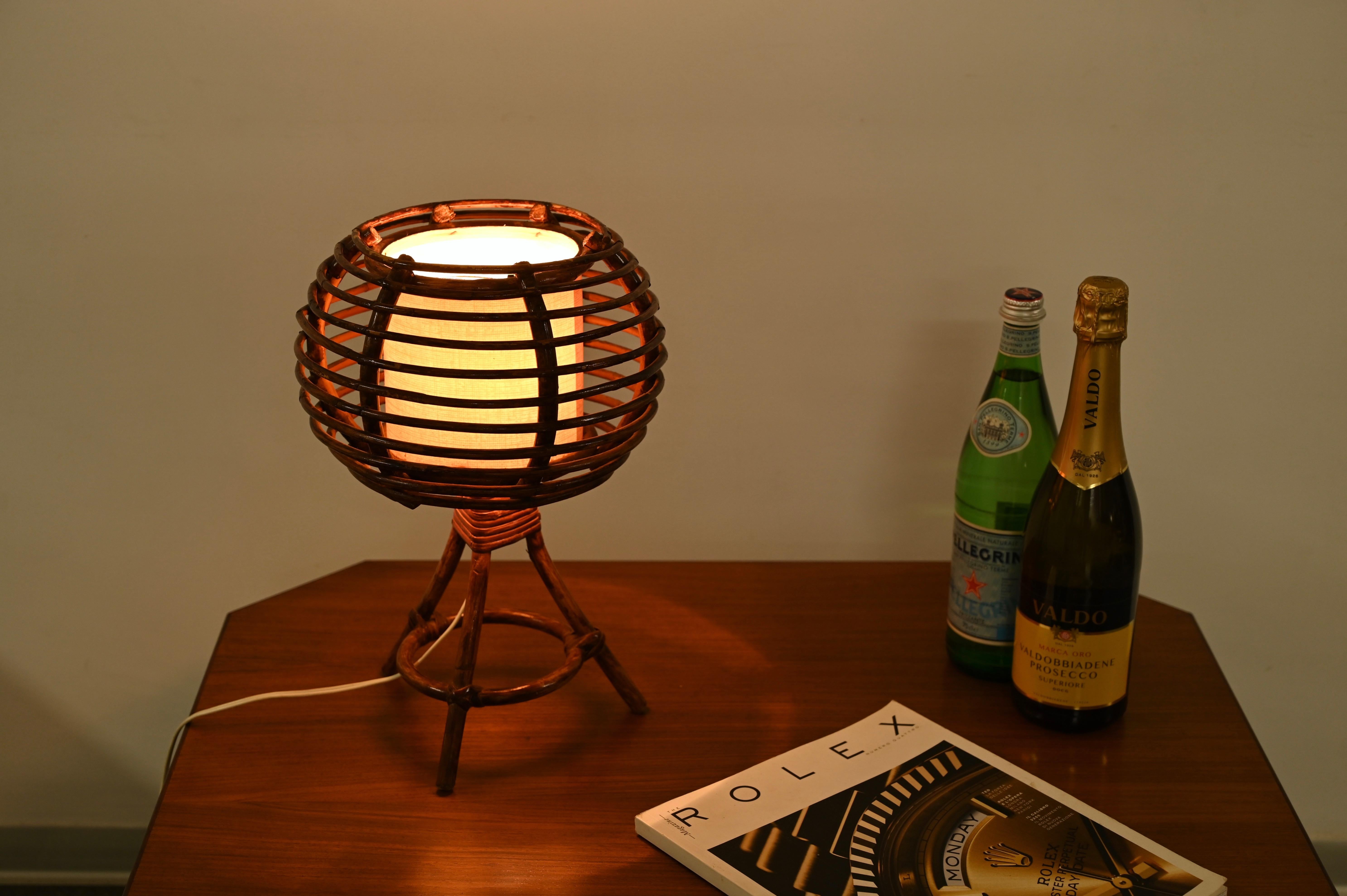 Louis Sognot Round Table Lamp in Rattan, Wicker, Beige Lampshade, France 1960s 6