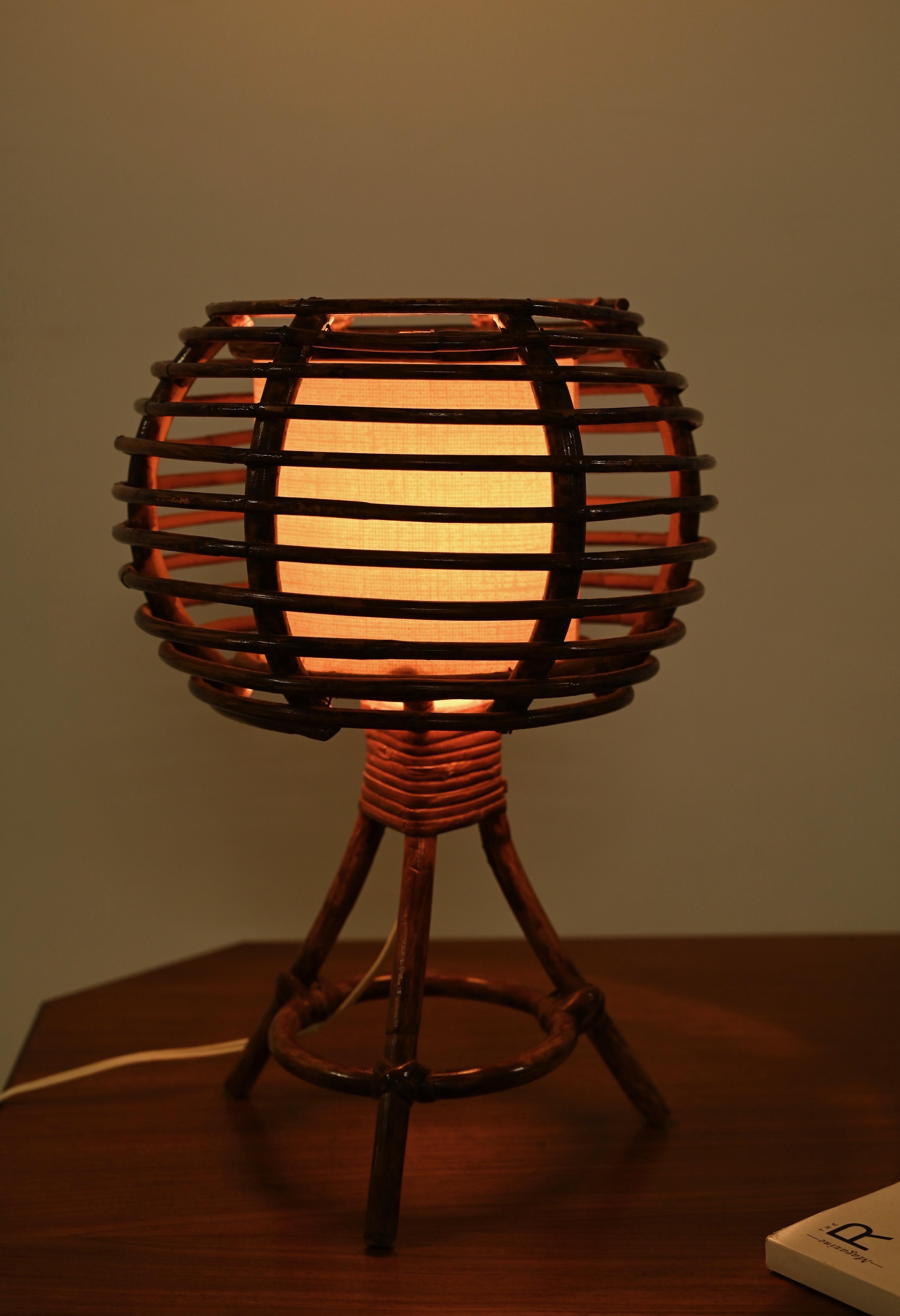 Louis Sognot Round Table Lamp in Rattan, Wicker, Beige Lampshade, France 1960s 7