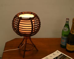 Louis Sognot Round Table Lamp in Rattan, Wicker, Beige Lampshade, France 1960s