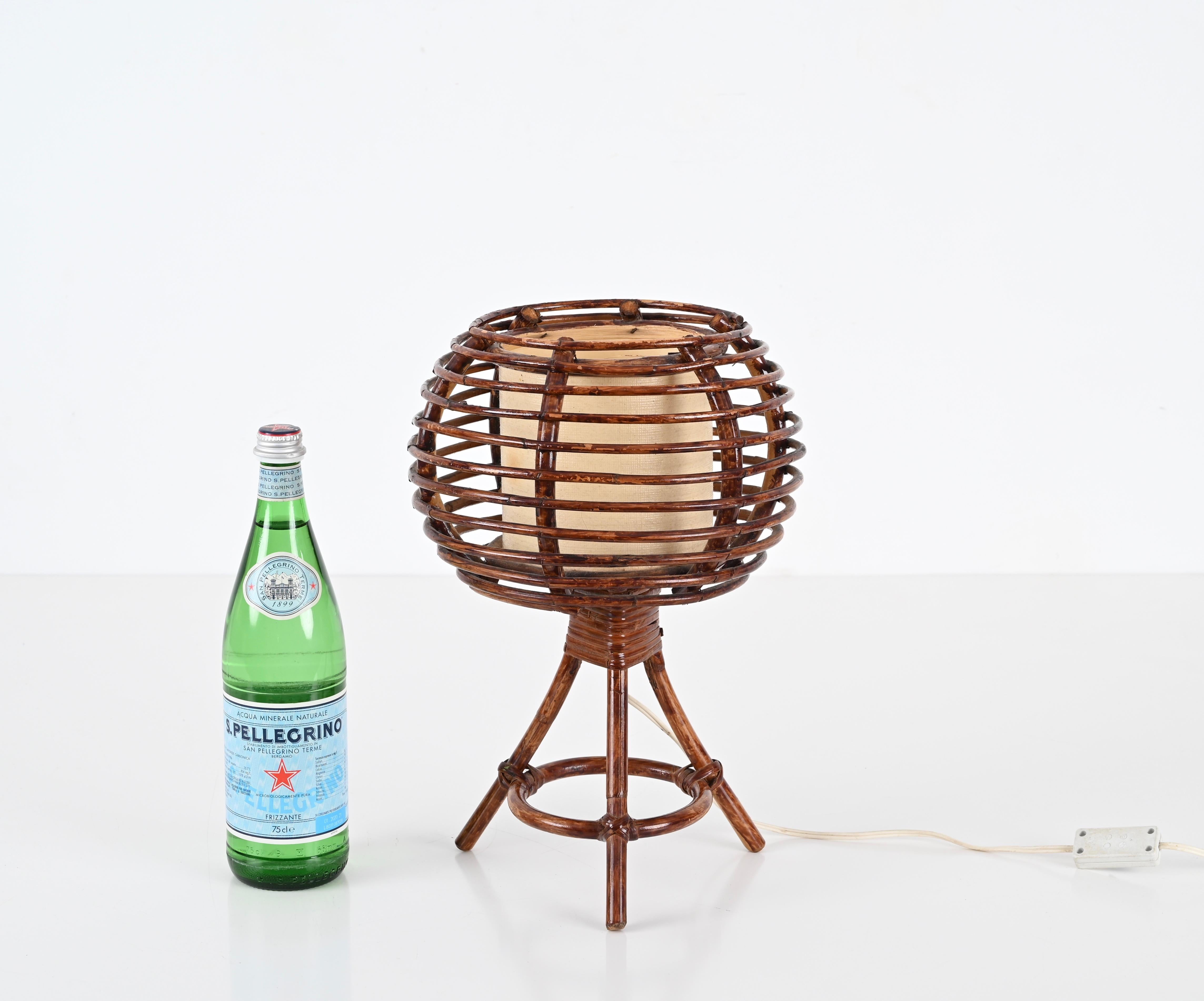 Mid-Century Modern Louis Sognot Round Table Lamp in Rattan, Wicker, Beige Lampshade, France 1960s